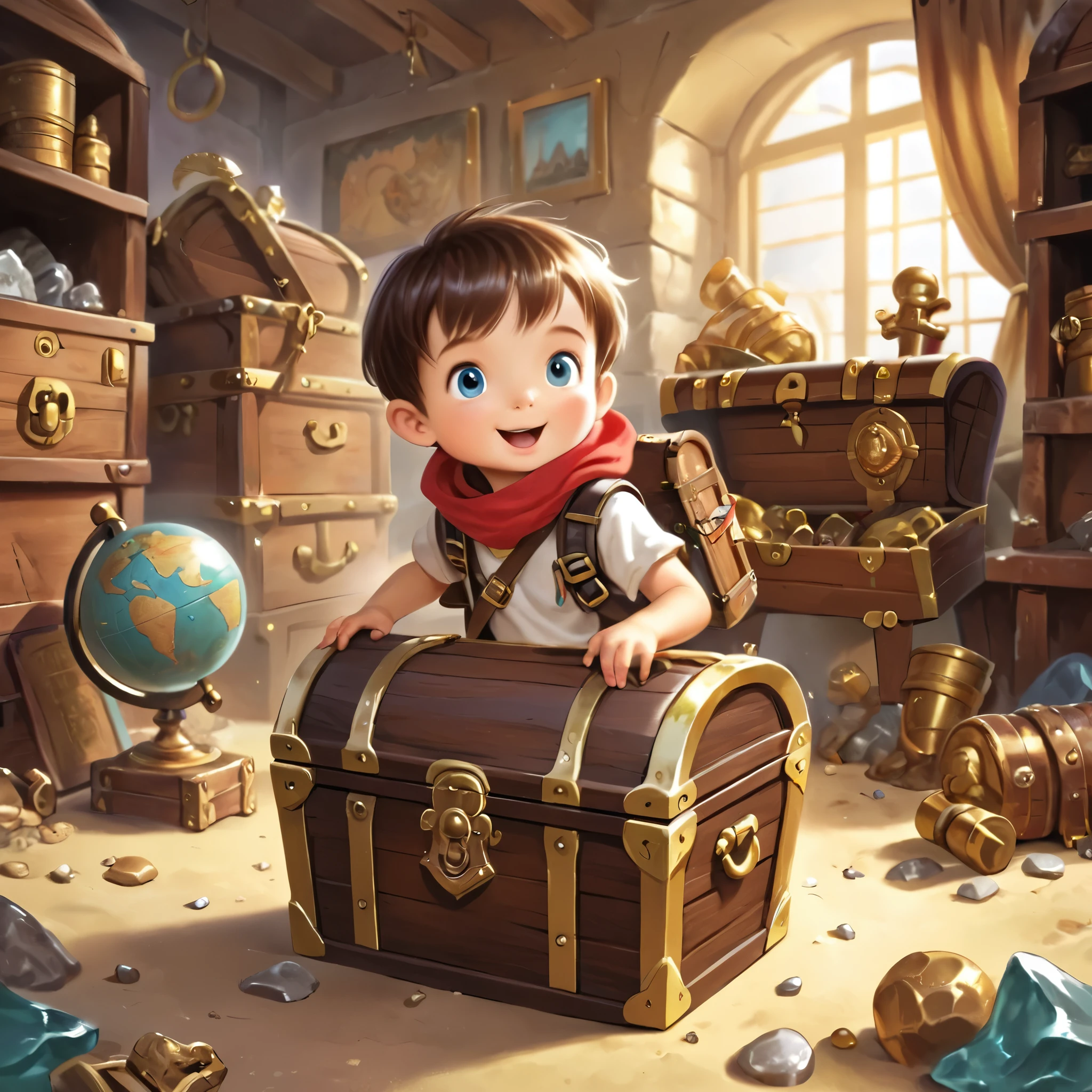 Little explorer,Adventurer、Treasure chest in background、Treasure in the background