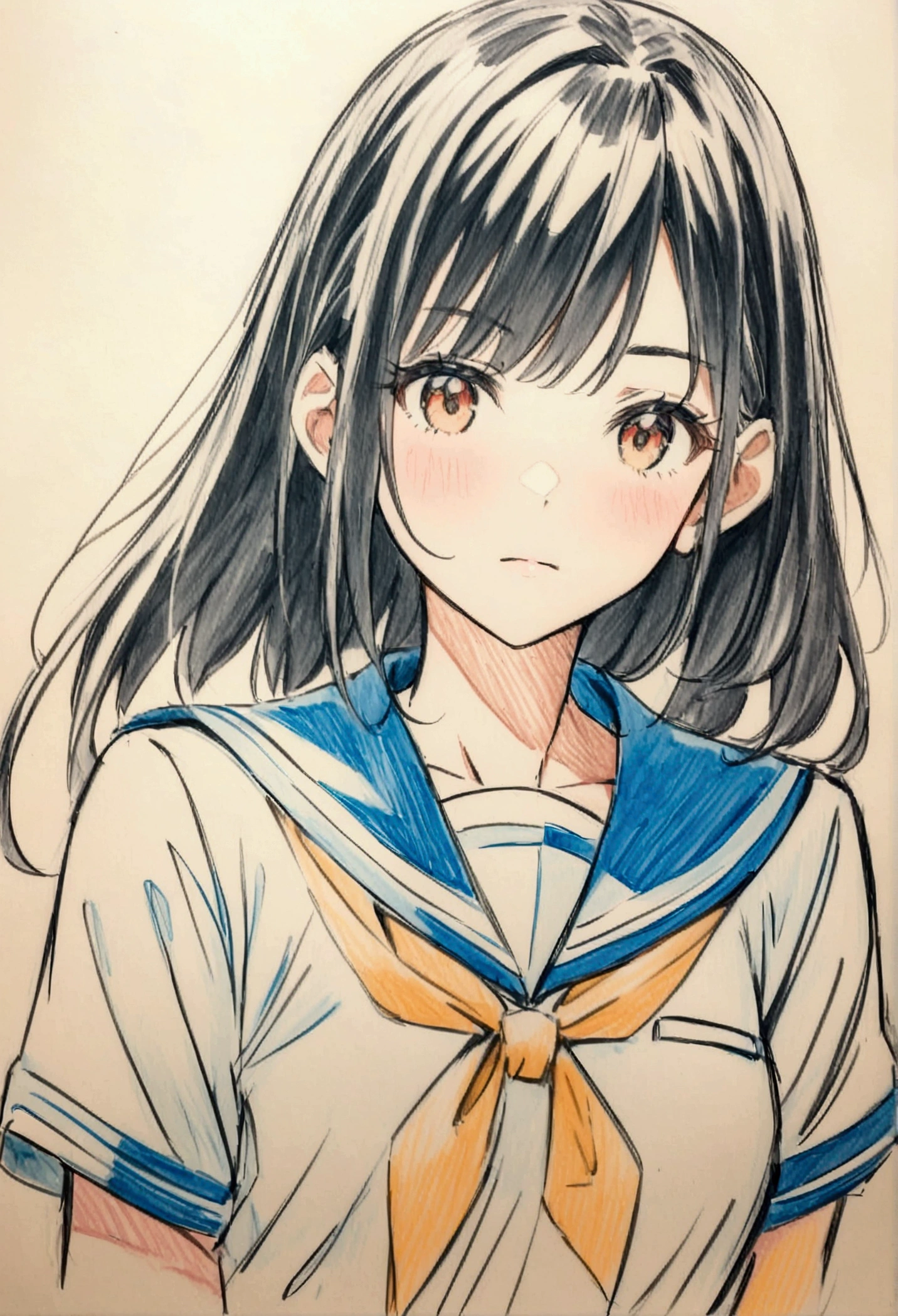 Sailor suit girl black hair colored pencil sketch