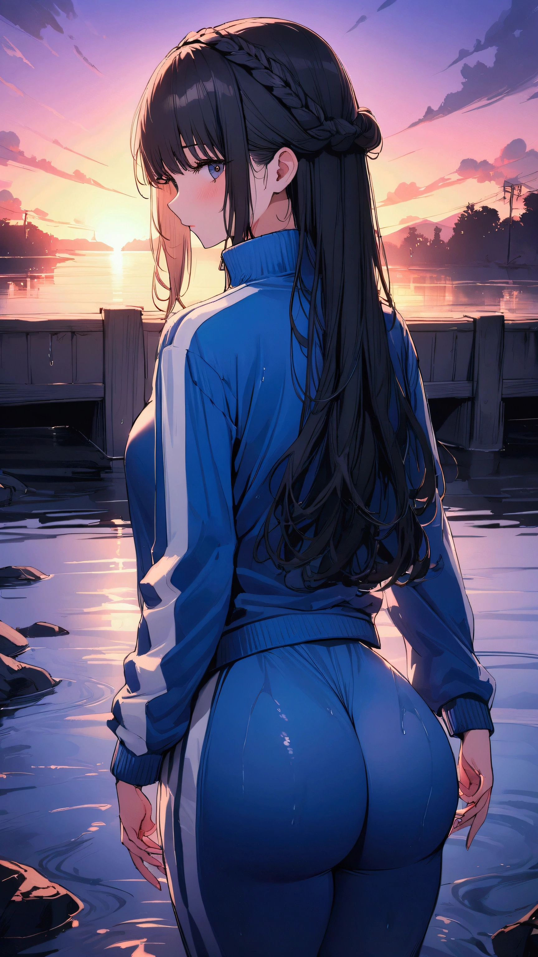 masterpiece, Highest quality, Ultra-high resolution, (beautiful girl: 1.3), Black Hair,Straight Hair、Crown braid、Looks like a 15 year old、 (Blue sweatpants: 1.2), (The jacket is a blue track jacket.: 1.2), back view、Big and beautiful shapely ass、Beautiful sunset、It's in the waterway、A little wet、Booty pose