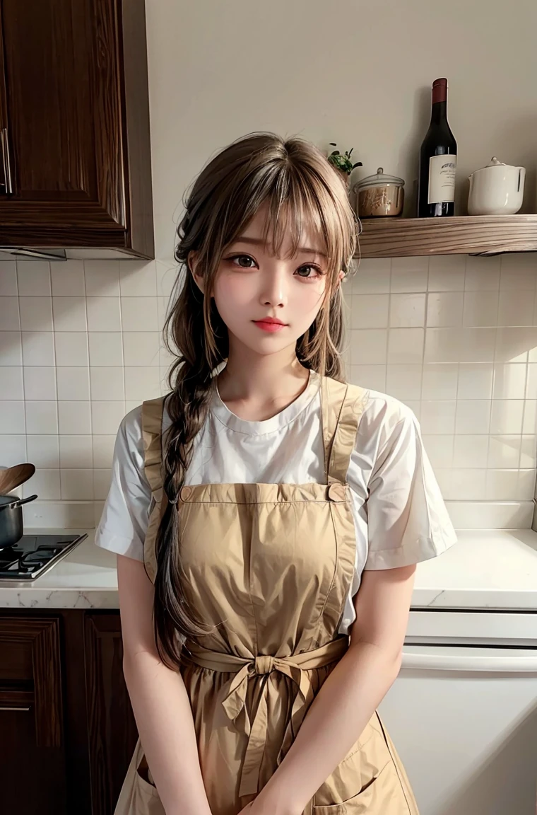 A girl, Solitary, Brown long hair,Bangs, Braids and long hair , Wear a bare back apron,Brown eyes, Upper body photo, Kitchen background, ,Delicate face, purebred face_v1, Beautiful lips, Sexy背部, Sexy, King Reuters