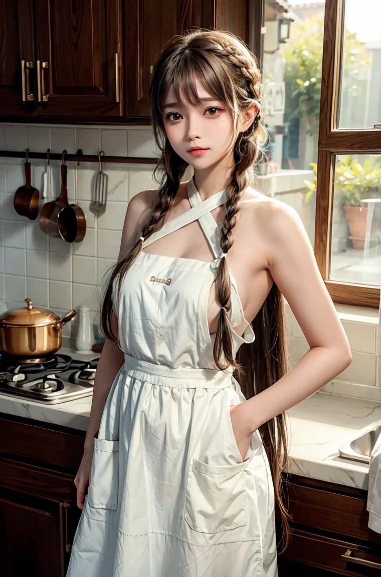 A girl, Solitary, Brown long hair,Bangs, Braids and long hair , Wear a bare back apron,Brown eyes, Upper body photo, Kitchen background, ,Delicate face, purebred face_v1, Beautiful lips, Sexy背部, Sexy, King Reuters