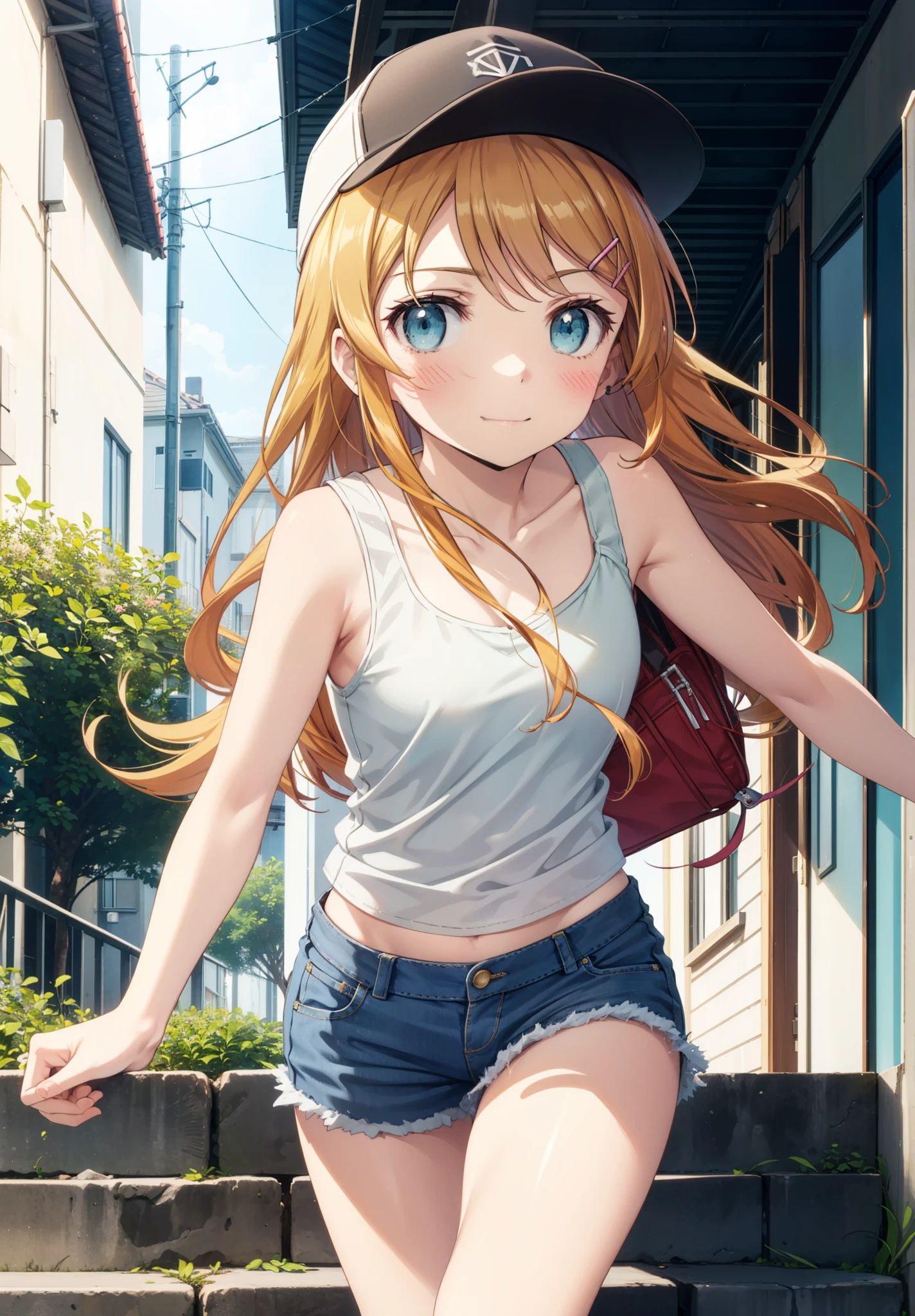 kirinokousaka, kirino kousaka, Long Hair, blue eyes, hair ornaments, Hair Clip, Orange Hair, Aqua Eye,Baseball hats,Tank top,Short denim,barefoot,sneakers,True Summer,Clear skies,Daytime,Walking,smile,blush,Palm tree,whole bodyがイラストに入るように,
break indoors, tropical,Building district,
break looking at viewer, whole body, (Cowboy Shot:1. 5),
break (masterpiece:1.2), Highest quality, High resolution, unity 8k wallpaper, (figure:0.8), (Beautiful attention to detail:1.6), Highly detailed face, Perfect lighting, Highly detailed CG, (Perfect hands, Perfect Anatomy),