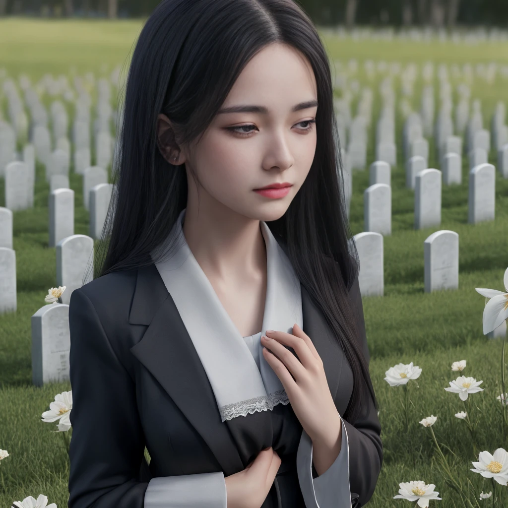 At dusk, in a quiet countryside village, a beautiful black-haired woman is praying at a grey grave. She looks sad and is wearing mourning clothes or a black suit. Around the grave, there are many white flowers blooming. In an anime style --v 6.0 --with 16:9 --s 750 high resolution, 最High quality, High quality, High-resolution model, quality, Very detailed, Ultra high definition, Close your mouth, tears, tears, Are crying, Cry with your eyes open, 
