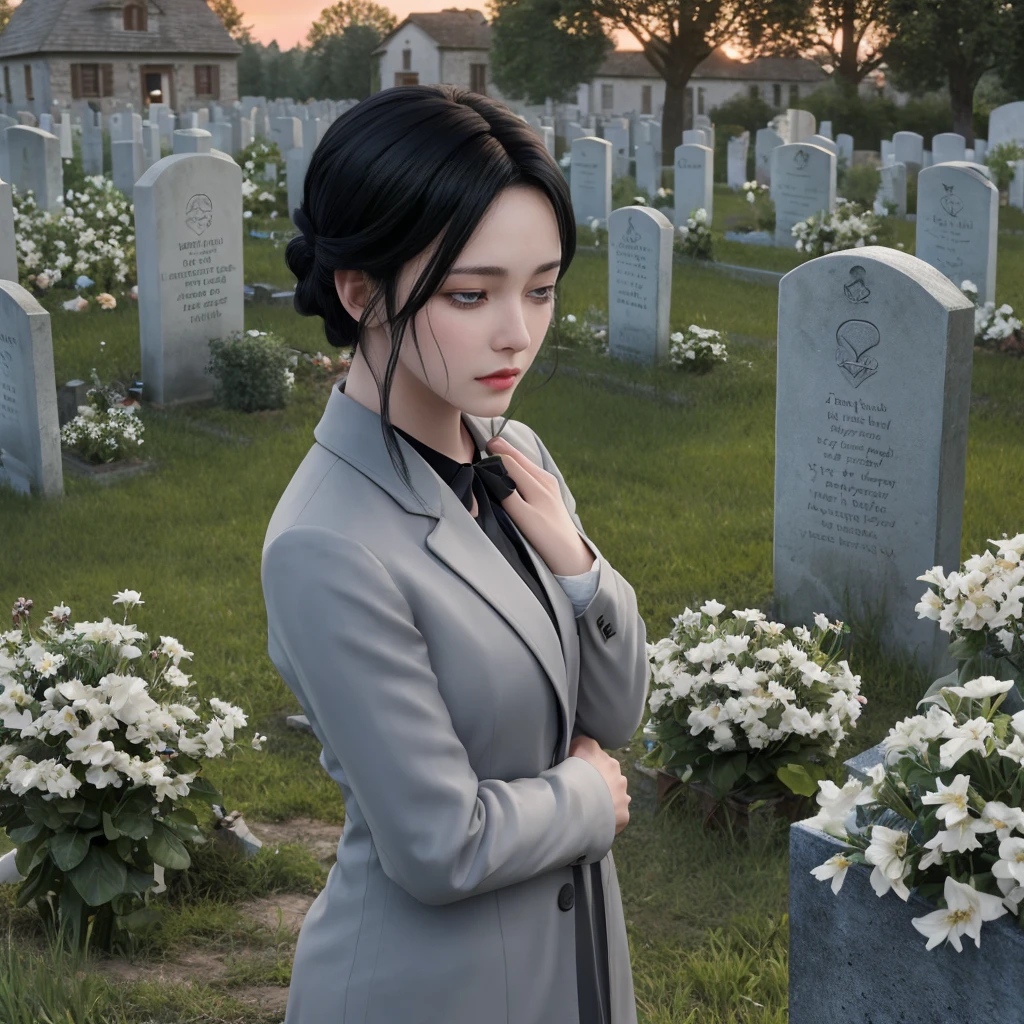 At dusk, in a quiet countryside village, a beautiful black-haired woman is praying at a grey grave. She looks sad and is wearing mourning clothes or a black suit. Around the grave, there are many white flowers blooming. In an anime style --v 6.0 --with 16:9 --s 750 high resolution, 最High quality, High quality, High-resolution model, quality, Very detailed, Ultra high definition, Close your mouth, tears, tears, Are crying, Cry with your eyes open,