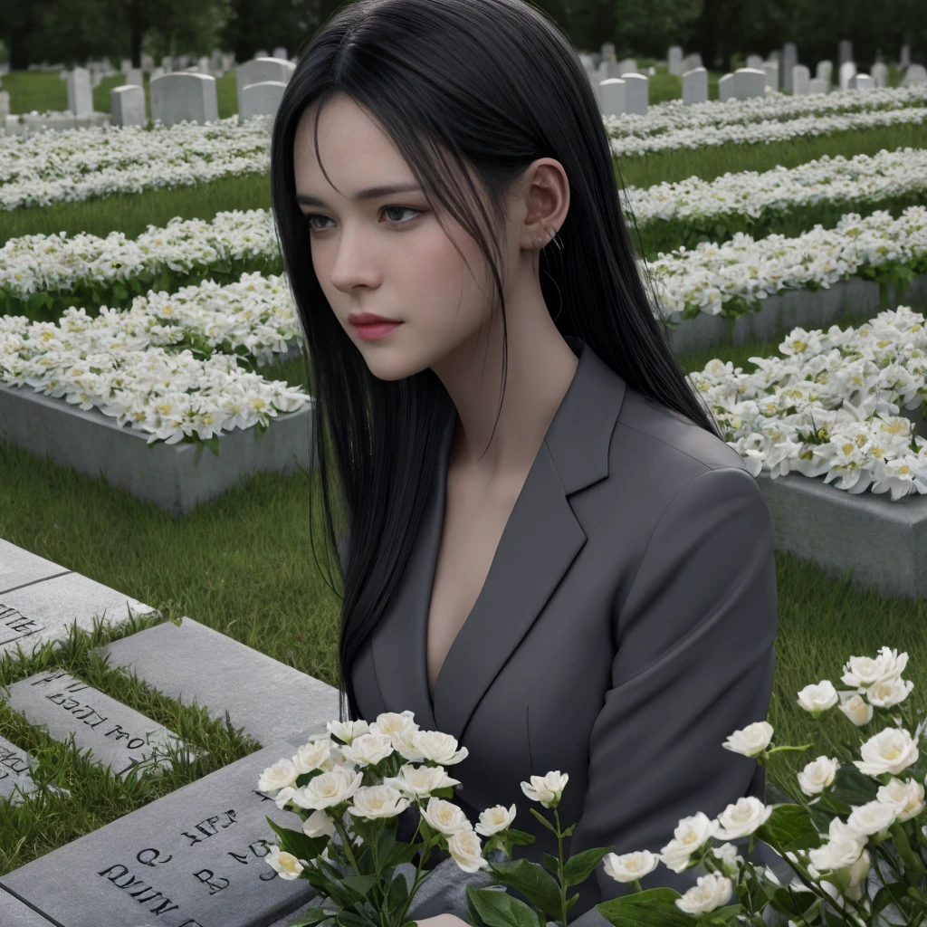 At dusk, in a quiet countryside village, a beautiful black-haired woman is praying at a grey grave. She looks sad and is wearing mourning clothes or a black suit. Around the grave, there are many white flowers blooming. In an anime style --v 6.0 --with 16:9 --s 750 high resolution, 最High quality, High quality, High-resolution model, quality, Very detailed, Ultra high definition, Close your mouth, tears, tears, Are crying, Cry with your eyes open,