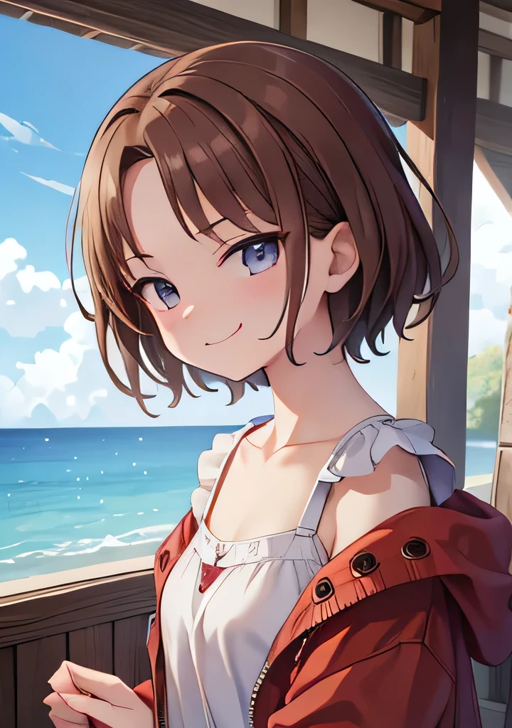 8k、Highest quality、masterpiece、high resolution、Brown Hair、short hair、My chest is wet、One piece clothes、Smirking face