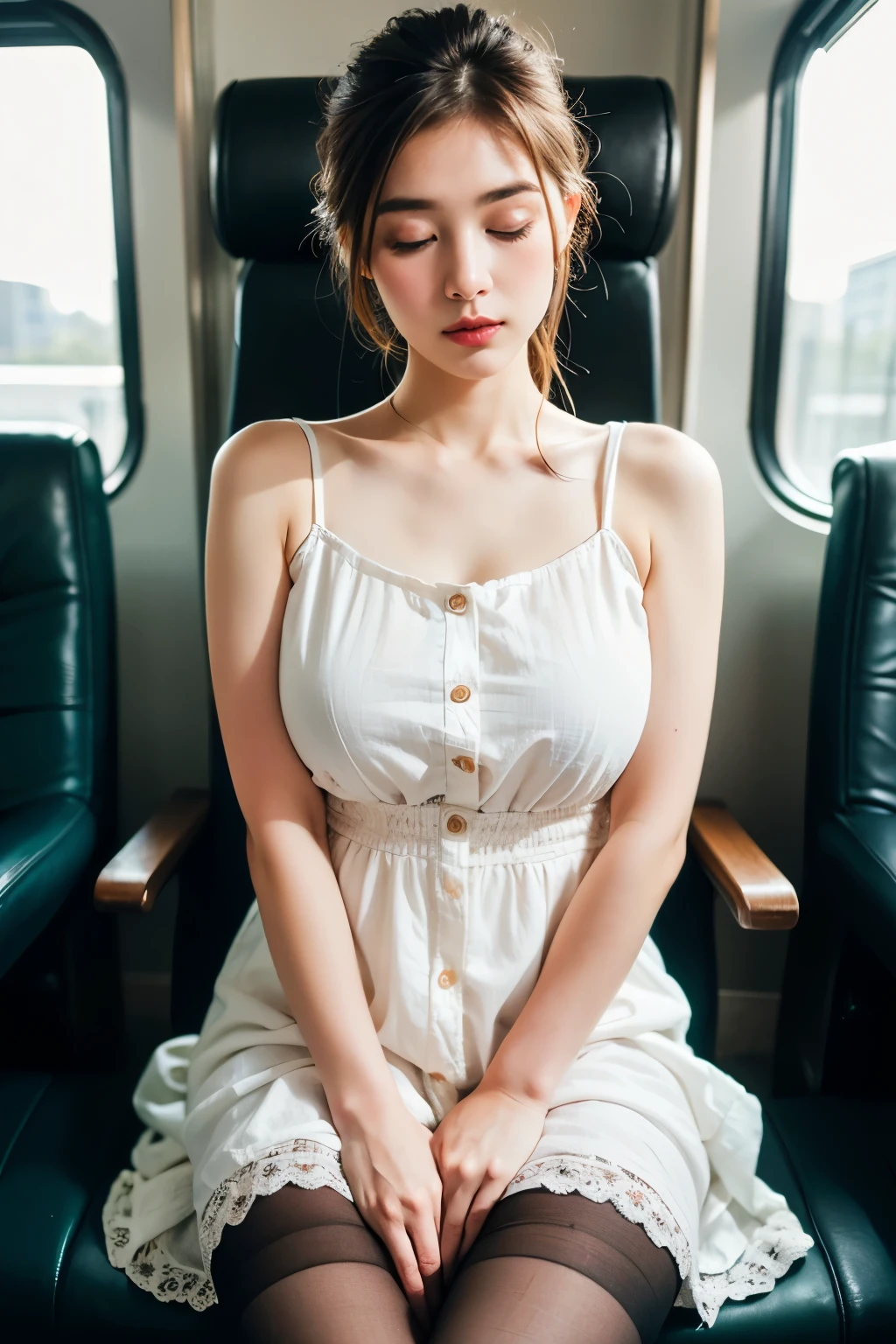 (masterpiece, Highest quality, 8k, RAW Photos, beautifully、beautiful:1.2), Intricate details, indirect lighting, Realistic,
whole body, Sitting on a chair on the train、close your eyes、Sleep、Voyeur、
Square neck button-down linen sundress, (Ultra-realistic pantyhose)、
Women's training , Chair to sit under skirt,