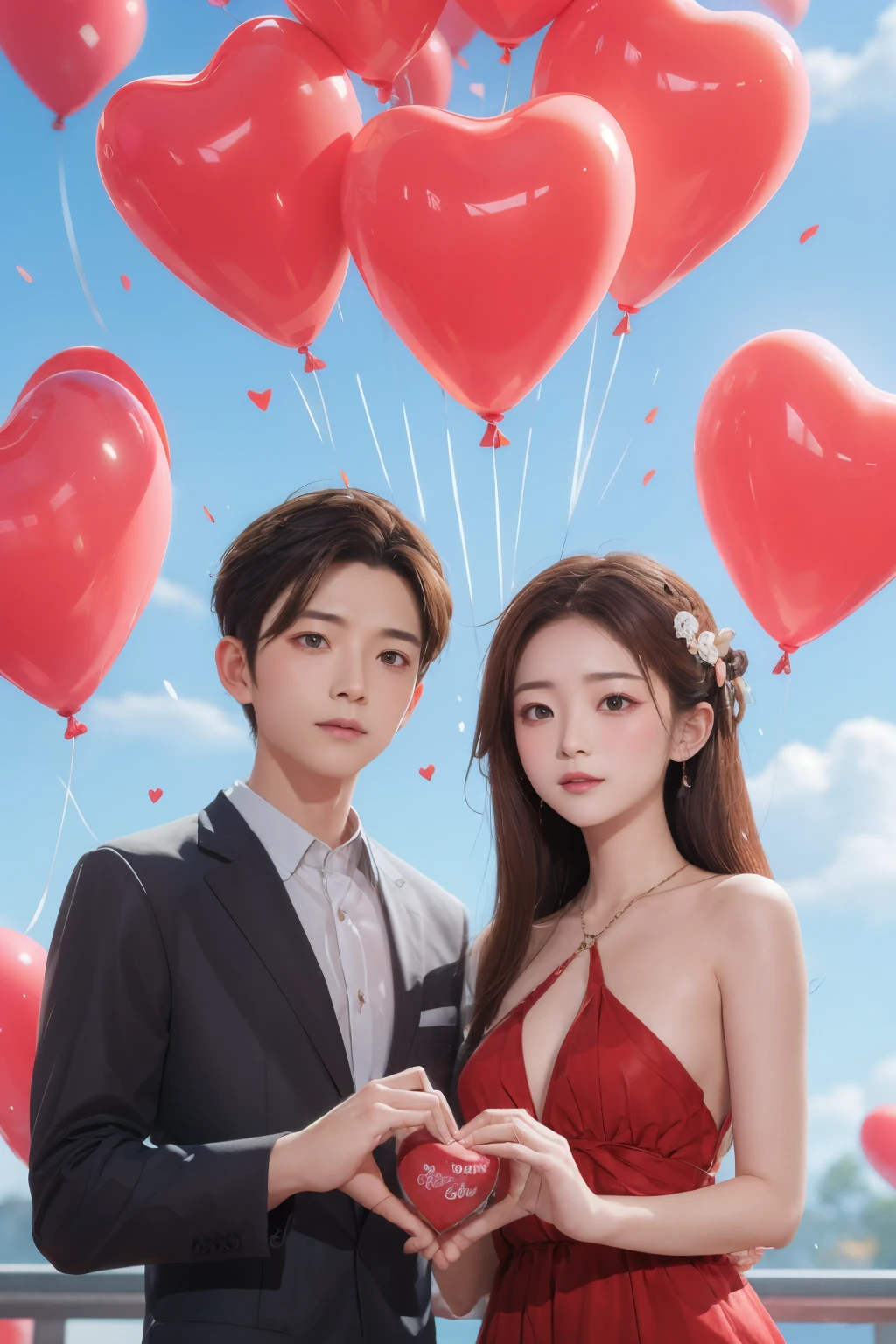 1 boy and 1 girl,couple,heart,hands duo,flower,clouds,bubbles,rose flower,balloons,clouds,sky,