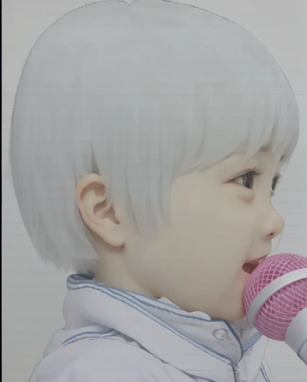 Realistic color photography style、Smiling emphasizes nasolabial folds. Make the chin a little thinner and accentuate the nasolabial folds.、I want it to look more like a color photograph...........。3 year old boy, Xu々To、Clearly visible、Emphasizes deep nasolabial folds from nose to mouth、Generate left and right dimples、Show me your beautiful smile.。Make your eyes look cute with double eyelids.、Cute boy singing with a microphone、Make both eyes look beautiful