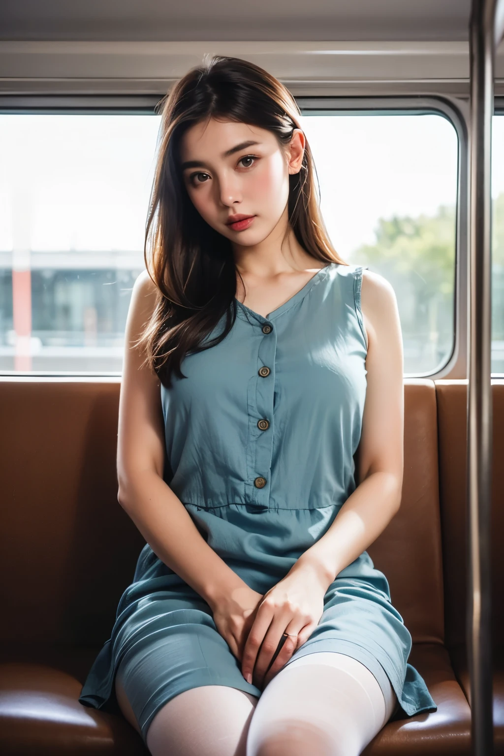 (masterpiece, Highest quality, 8k, RAW Photos, beautifully、beautiful:1.2),  Intricate details, indirect lighting, Realistic,
whole body, Sitting on a chair on the train、Gazing at the audience、Voyeur、
 Square neck button-down linen sundress, (Ultra-realistic pantyhose)、
 Women&#39;s training , Chair to sit under skirt,