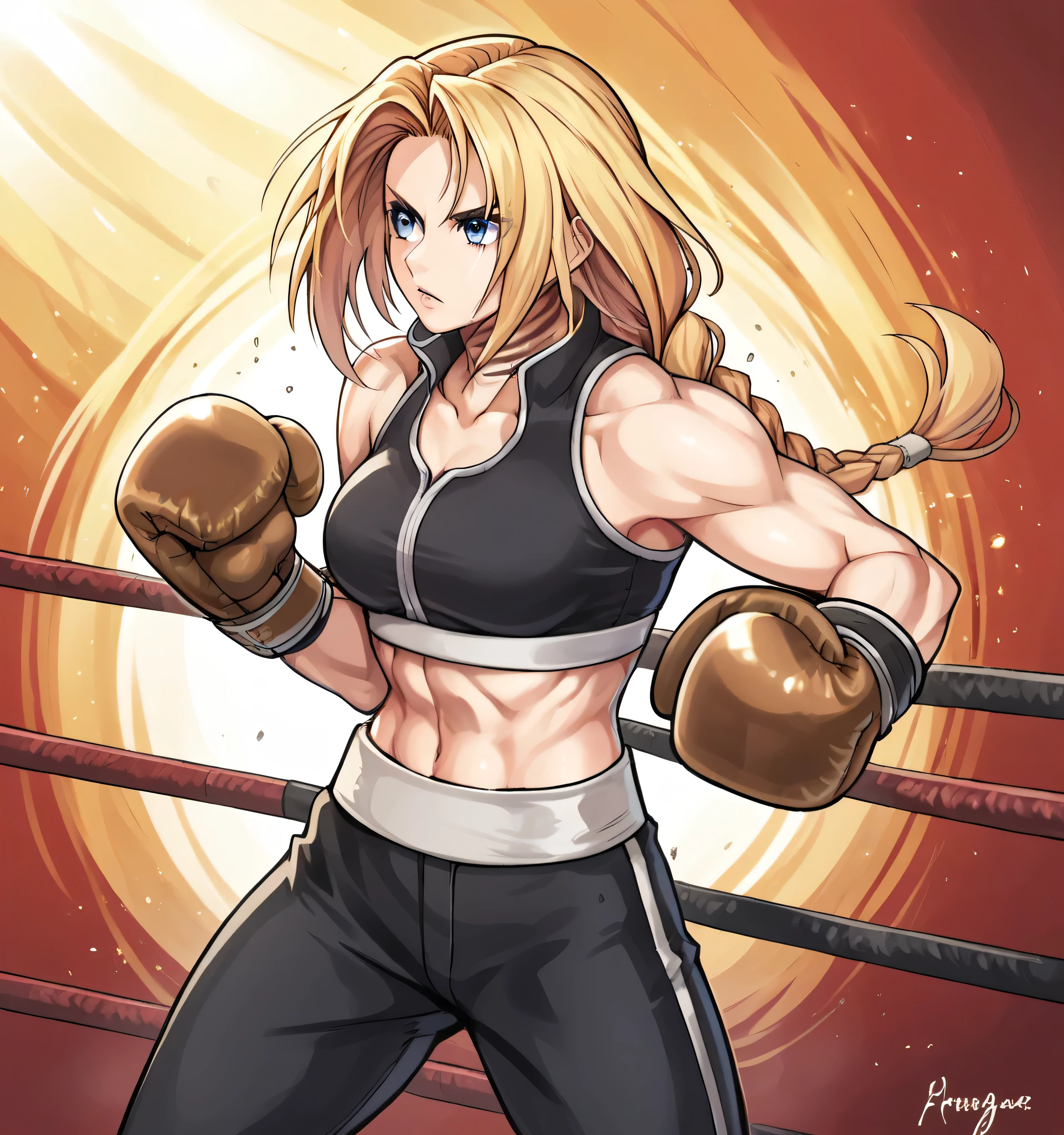 score_9, score_8_up, score_7_up, score_6_up, Detailed Background, BREAK
 koasmirage, 1girl, long hair, sports bra,long black pants,boxing stance, klausian neck markings, blonde hair, blue eyes, single braid, BREAK
Boxing ring, boxing gloves