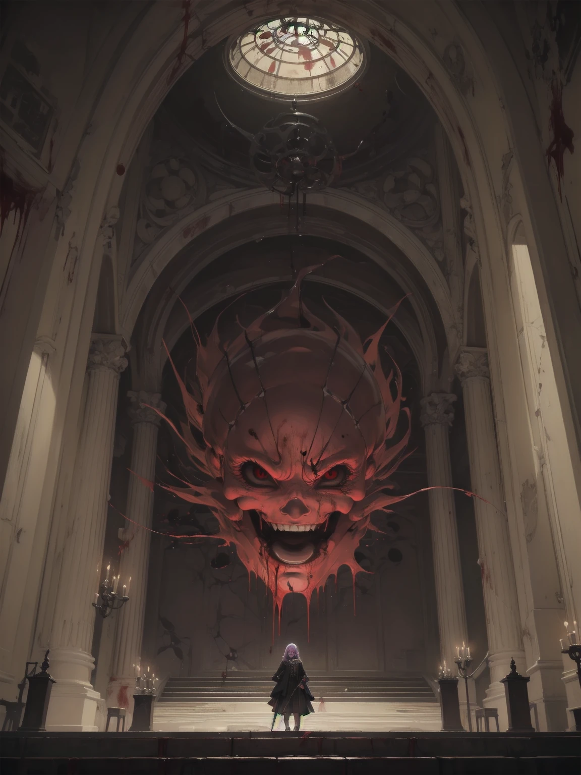 (Highest quality,4K,High resolution,masterpiece:1.2),Very detailed,Realistic:1.37,Spooky altar background,Dark fantasy,Red color scheme,Ominous atmosphere,Eye-catching,Storytelling,anatomy,Anime Style,Concept Art,beautiful細部までこだわった顔と (((Red eyes ))),A terrifying ritual ,Witch&#39;s Ritual,Premature death,Improper behavior,クレイジーなsmile,Scythe Face,Girl Monster, beautiful, Delicate facial features, Sharp Eye, Sharp Fangs, Pale skin, Thick chain, Dark Background, Cinema Lighting, Dramatic Shadows, Gothic style, Gloomy atmosphere, Dark fantasy, One Girl,  Please open your mouth wide, Open your mouth and baring your teeth,Sharp teeth like a beast, Wide lips, very wide mouth, Vermilion cheeks, ,(Blood splatter:1.6),Scary smile, smile,Wizard Design, Twisted smile,Bloody,bleeding from the head,,Blood splatter,(Blood splatter:1.6),skull,Horror Style, ((Fantasy Wizard Costume)), ((Flowing purple hair)), (Blood splatter:1.6),Female curves, Sexy flat stomach, Perfect hands, Perfect anime face, ((A heavy black lolita dress)), Are standing, ((邪悪なsmile)), ,(Blood splatter:1.4), Steam circulates, night lighting, (Blood splatter:1.6),アニメWizard Design, Twisted smile、Bloody、bleeding from the head,,,,、Blood splatter、,(Blood splatter:1.6), skull,Gothic architecture、Western architecture、Fantasy World、,Victorian cities, Skeleton Gas Light,