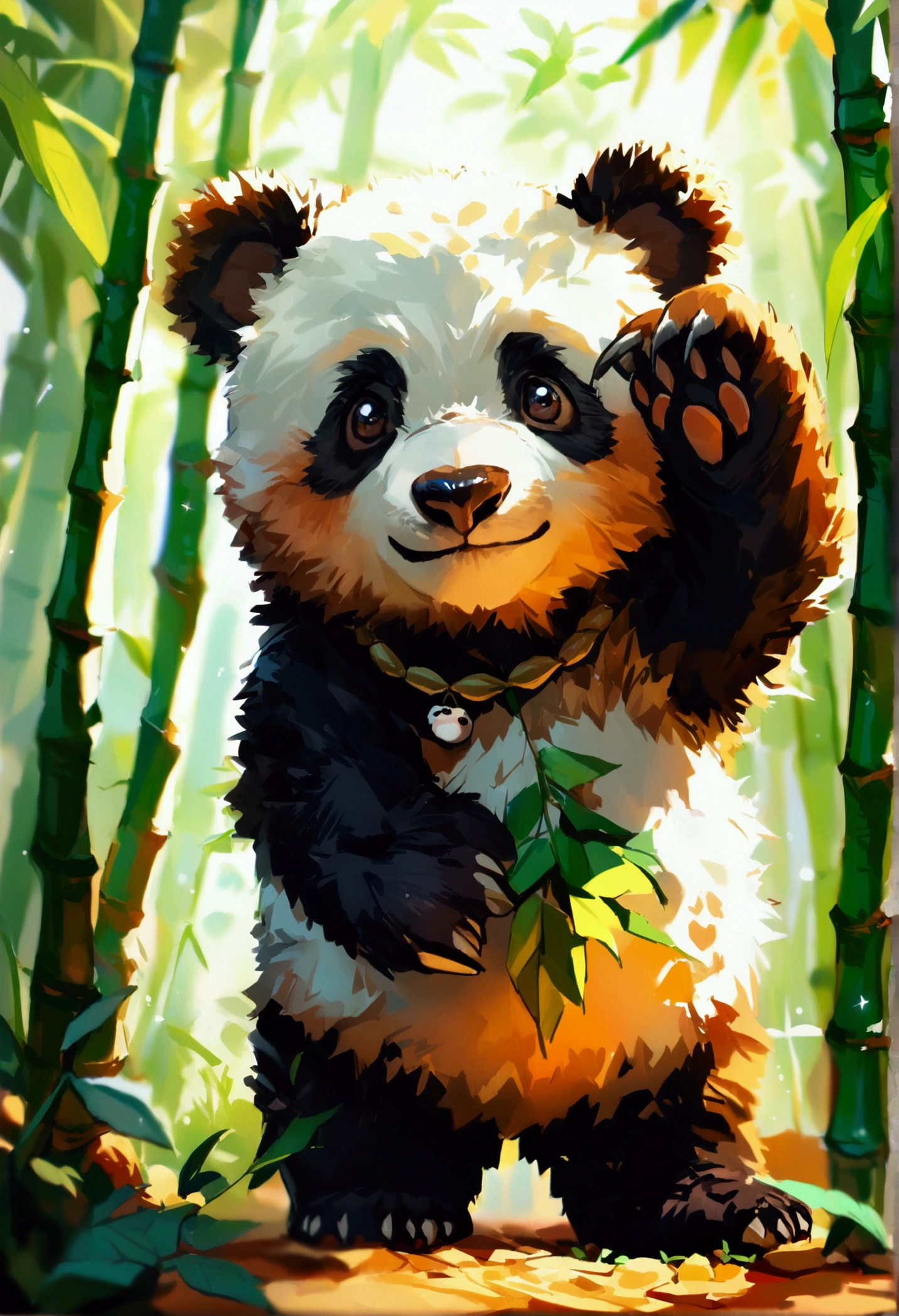 List of cute panda emoticons,cartoon animals,A bamboo leaf necklace is hanging on the belly,Short legs,Being touched on the head by a bear paw,Enjoy the memes, (((White background))),masterpiece,Extreme details,8K resolution,panoramic,Depth of Field