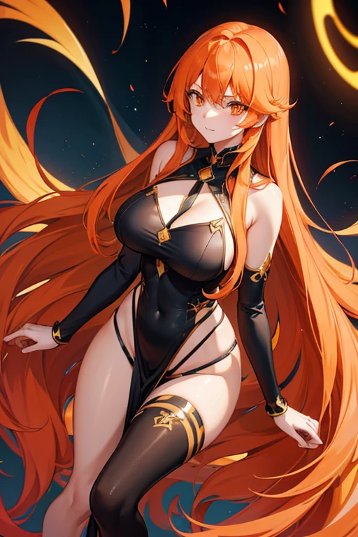 absurdly long hair, orange hair, orange eyes, huge breasts,