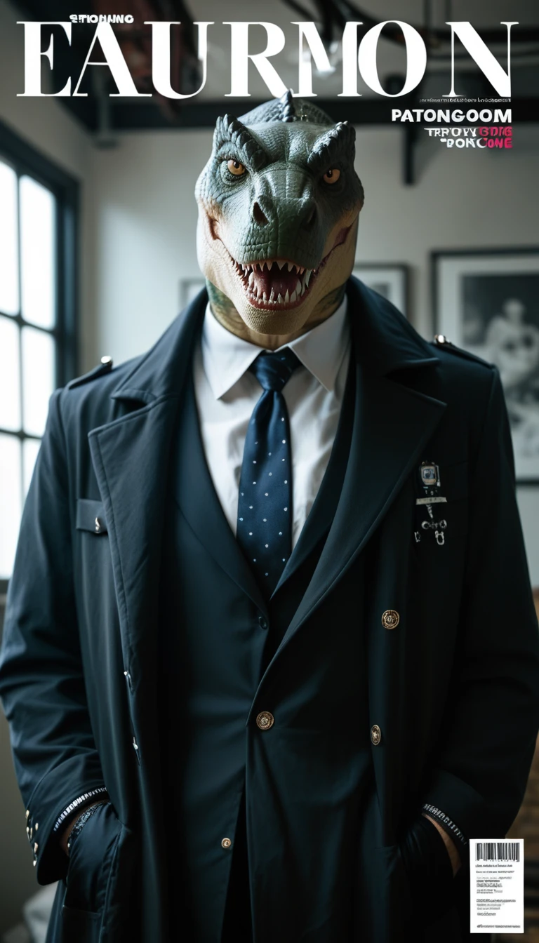 Fashion Magazine Cover,Fierce Tyrannosaurus(Wearing a black trench coat),,(No humans),E7E48U，Background shooting room