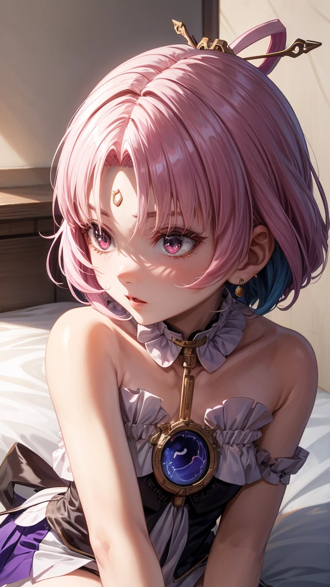 there is a woman with blue hair sitting on a bed, a portrait inspired by Leng Mei, pixiv, rococo, rem rezero, anime girl cosplay, rei ayanami, anime cosplay, rogue anime girl ayanami rei, the anime girl is crouching, cosplay, 2 b, 2b, short blue haired woman, , ayaka cosplay, pink eye, pink hair,