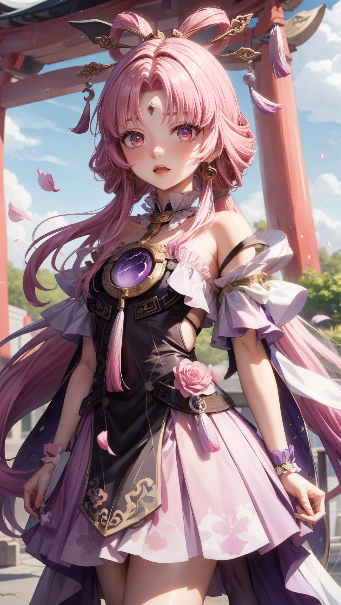 there is a woman in a red dress holding a flower in her hair, ji-min, yasumoto oka, park ji-min, ayaka, by Torii Kiyomoto, shin min jeong, with flowers, lee ji - eun, lee ji-eun, akiko takase, kimi takemura, nishimiya shouko,pink eye, pink hair,