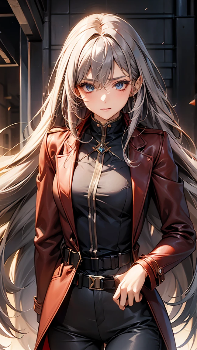(Mature Woman1name), (Gray Hair, Long Hair:1.3), Blue colored eyes, (Medium chest), (red leather long coat), belt, pants, office, masterpiece, high quality,
