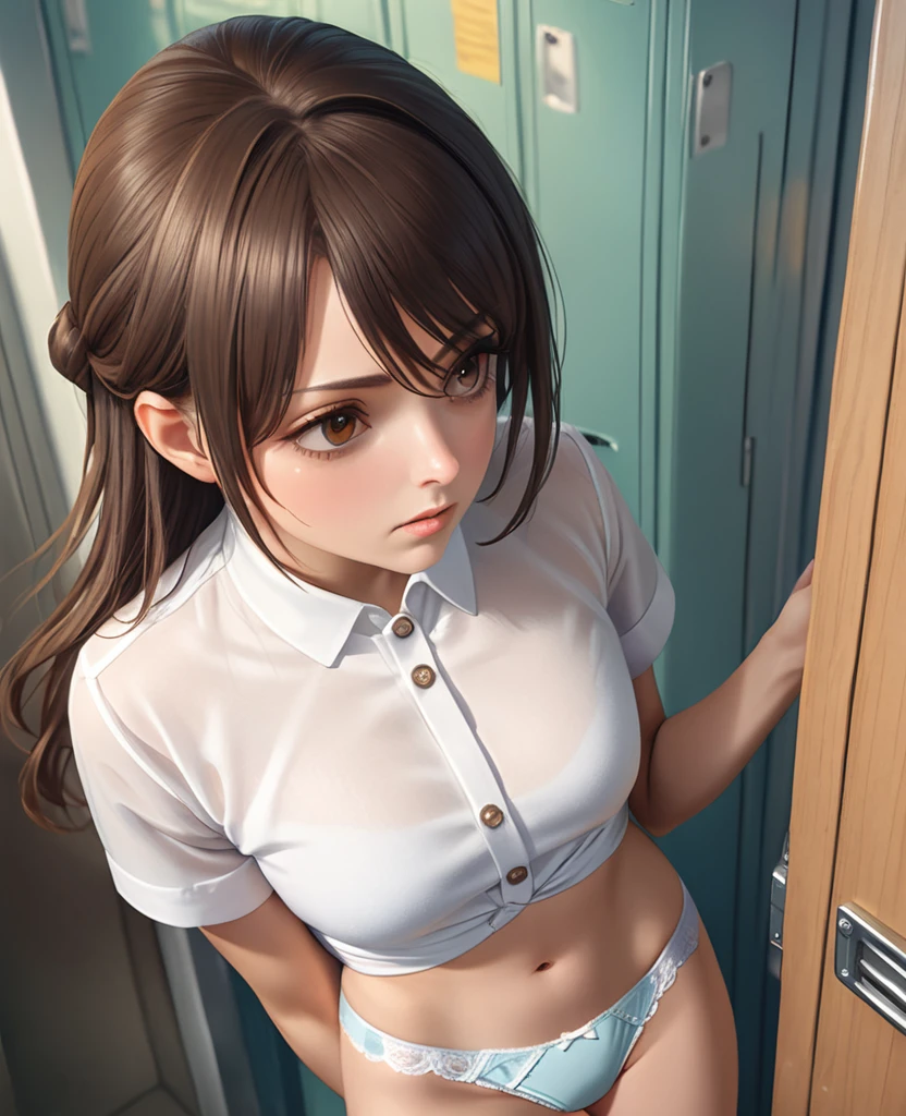 (((masterpiece) (((((Highest quality))))((high resolution))))), Very detailed, Ultra-realistic, )、、locker room、Open shirt、White Bra、白panties、Brown Hair、、、Change of clothes、((Expressionless))、From above.stand、Look away.((((Gaze Down))))、Do not look at the front、solo