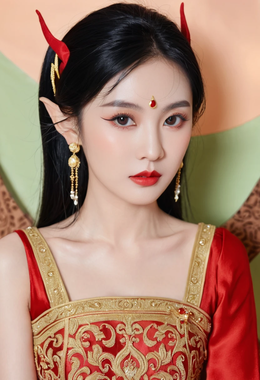 PastelGothAI, Elf, Pointed ears, Black hair with red silk
