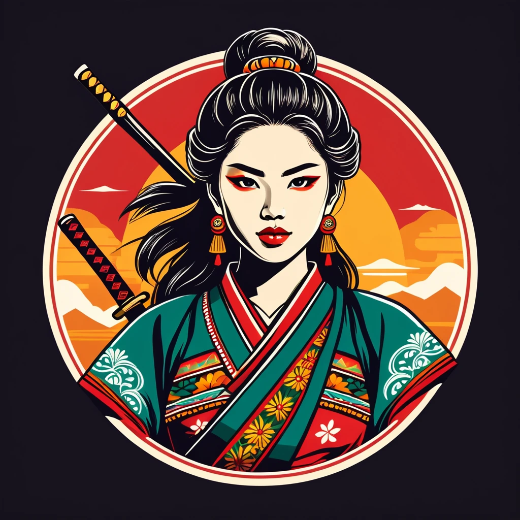 female	samurai	in mexican folk outfit	,vector graphics, strong contours, logo design																						