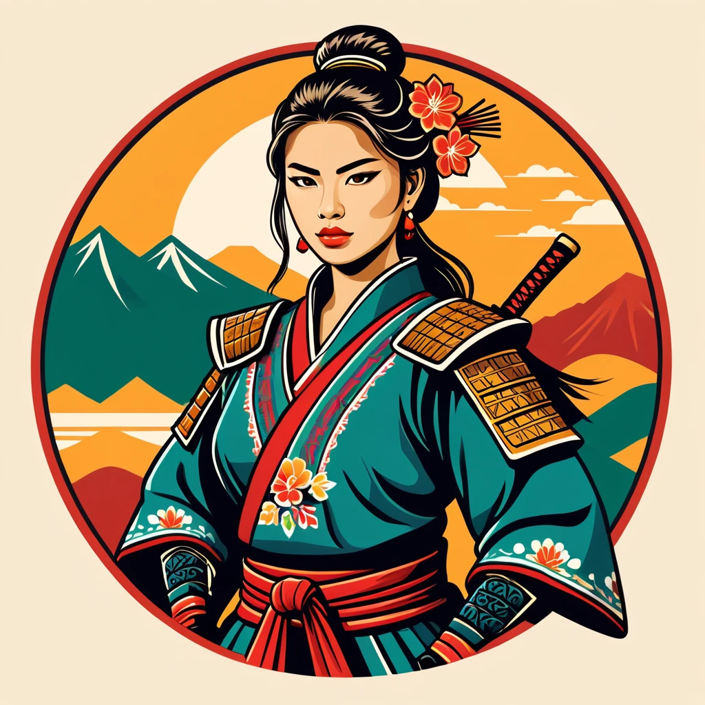 female samurai in mexican folk outfit ,vector graphics, strong contours, logo design