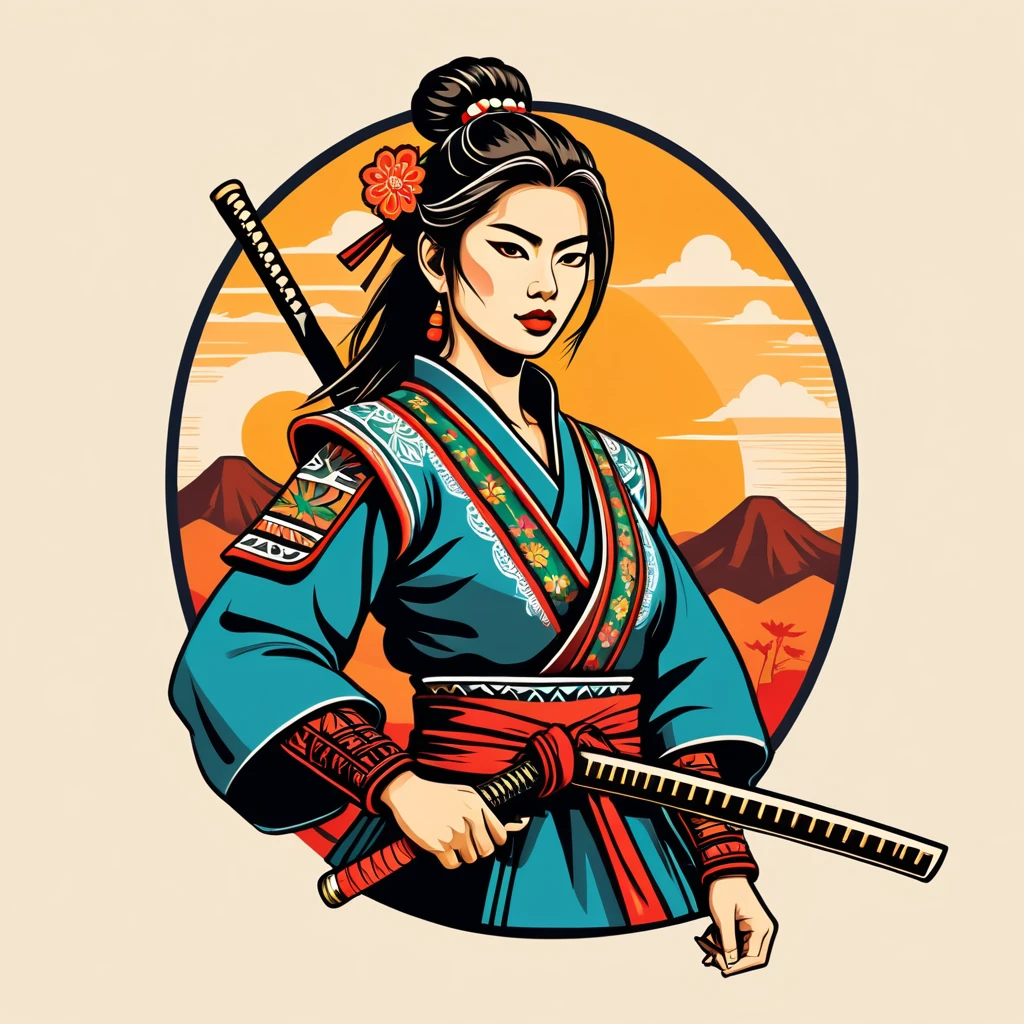 female samurai in mexican folk outfit ,vector graphics, strong contours, logo design