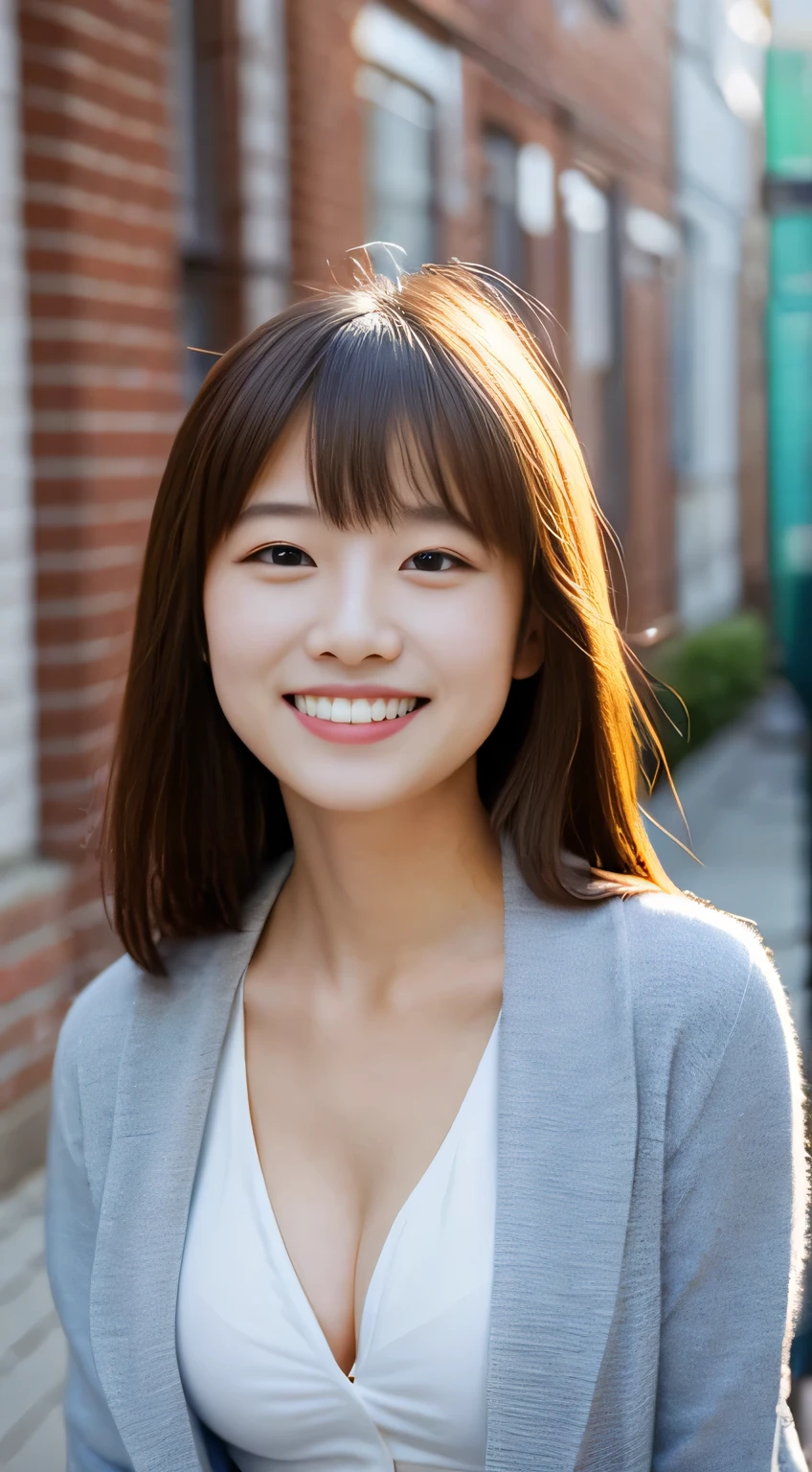 masterpiece,best quality,(Japanese ),((Beautiful girl)),cleavage,(perfect body beauty:1.2),(shy smile),beautiful teeth,(Blurred background of brick buildings),