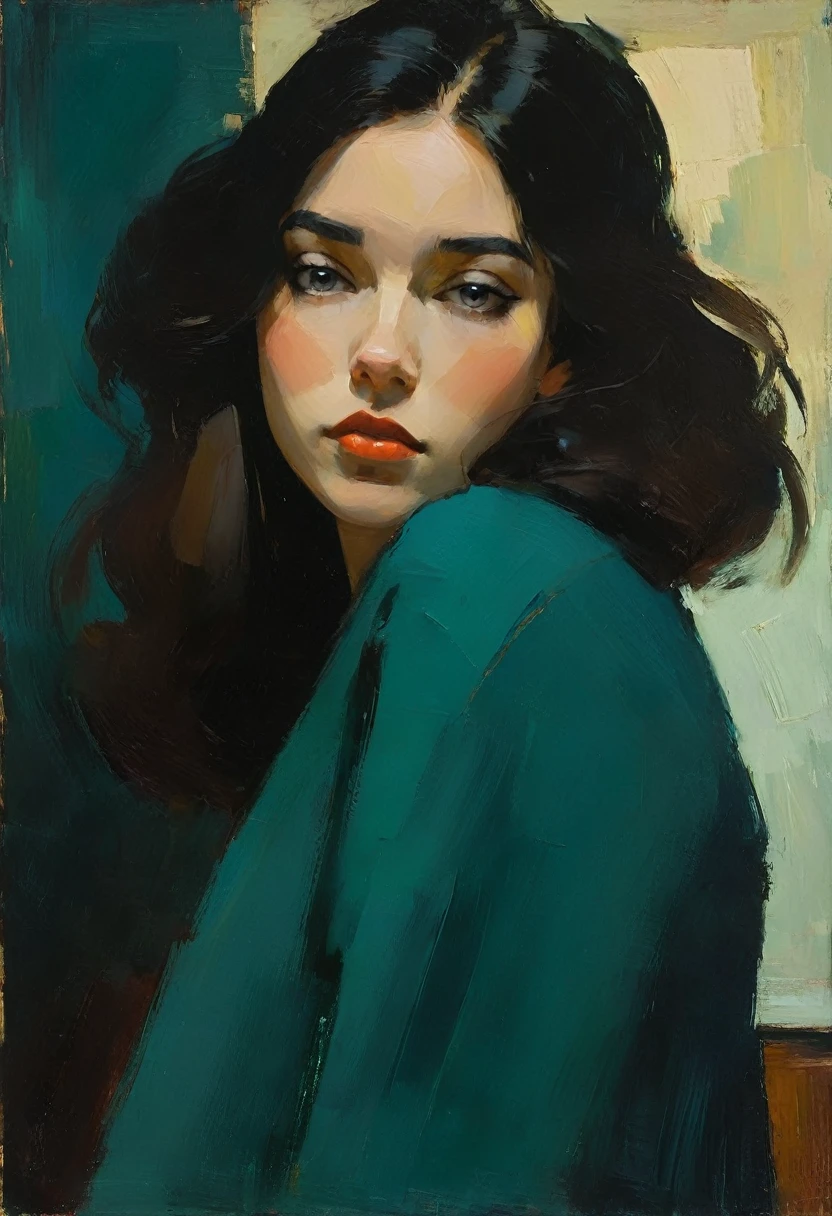 Create an evocative oil painting inspired by Malcolm Liepke, based on the provided image. Capture the intense, introspective expression of the young subject using thick, Incorporate earthy tones, deep blues, and warm browns to create a harmonious and inviting composition. Highlight the emotional depth and vulnerability in the subject's gaze, emphasizing the play of light and shadow on their face. Maintain a simple, textured background that complements the subject's contemplative presence. Focus on the tactile quality of the oil paint to convey the raw emotion and intimacy characteristic of Liepke's style.