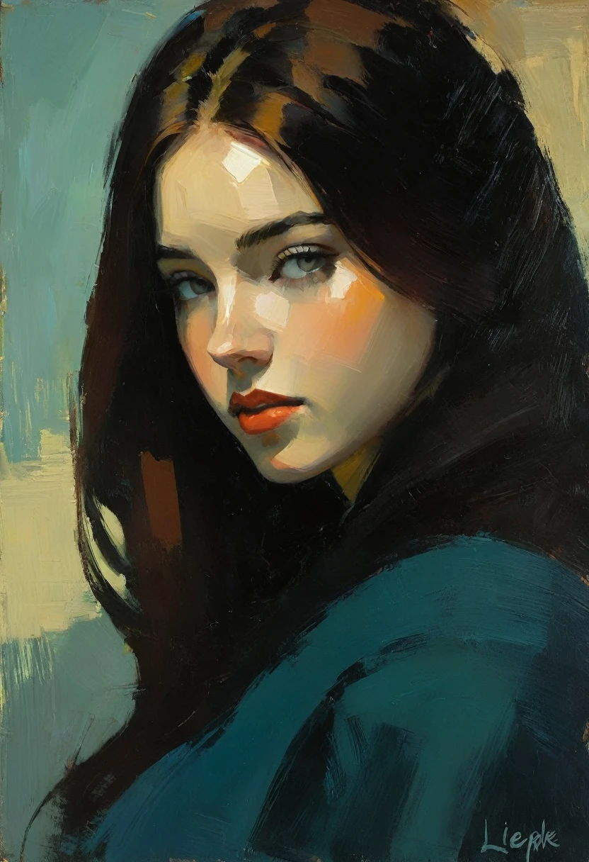 Create an evocative oil painting inspired by Malcolm Liepke, based on the provided image. Capture the intense, introspective expression of the young subject using thick, Incorporate earthy tones, deep blues, and warm browns to create a harmonious and inviting composition. Highlight the emotional depth and vulnerability in the subject's gaze, emphasizing the play of light and shadow on their face. Maintain a simple, textured background that complements the subject's contemplative presence. Focus on the tactile quality of the oil paint to convey the raw emotion and intimacy characteristic of Liepke's style.