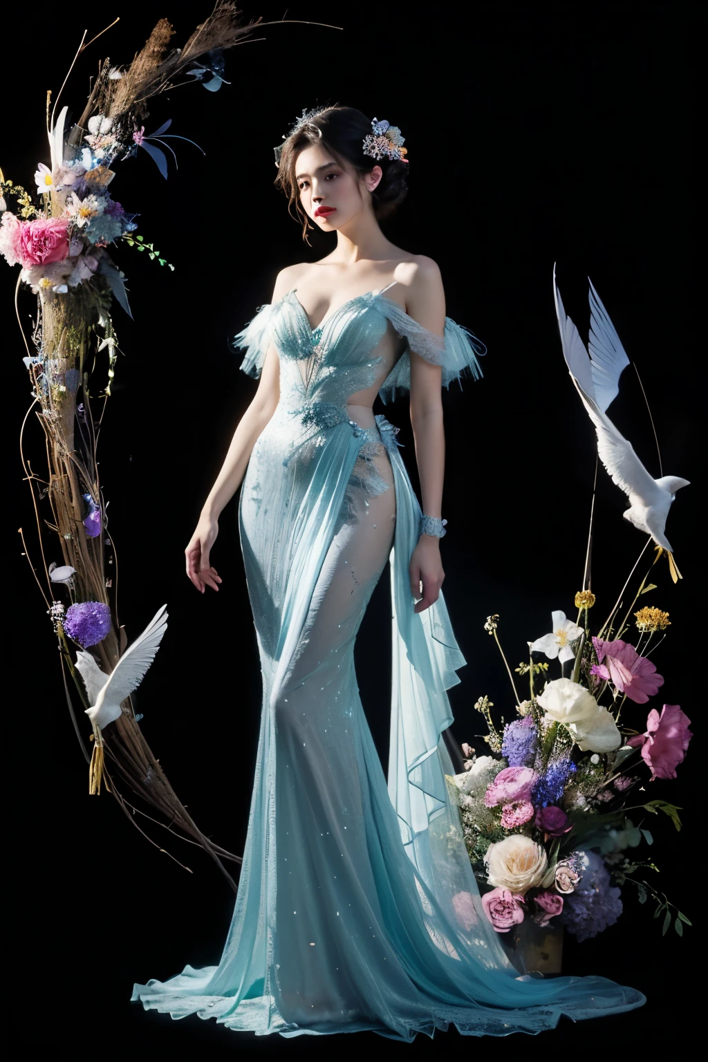 (Extra Detail Art), 8k ,Fashion Model、Natural standing posture、Full body portrait、Beautiful Face、Beautiful hairstyle、short hair, Exposing shoulders,beautiful goddess,softly illuminated、colored feather, Very detailed, Fluorescent translucent clothing,Standing in the space between celestial bodies,Black background with glitter dots,Ethereal,(Fractal Art: 1.1), (colorful: 1.1) (Flowers: 1.3),