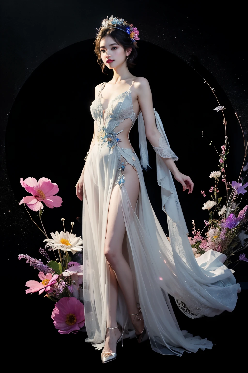 (Extra Detail Art), 8k ,Fashion Model、Natural standing posture、Full body portrait、Beautiful Face、Beautiful hairstyle、short hair, Exposing shoulders,beautiful goddess,softly illuminated、colored feather, Very detailed, Fluorescent translucent clothing,Standing in the space between celestial bodies,Black background with glitter dots,Ethereal,(Fractal Art: 1.1), (colorful: 1.1) (Flowers: 1.3),