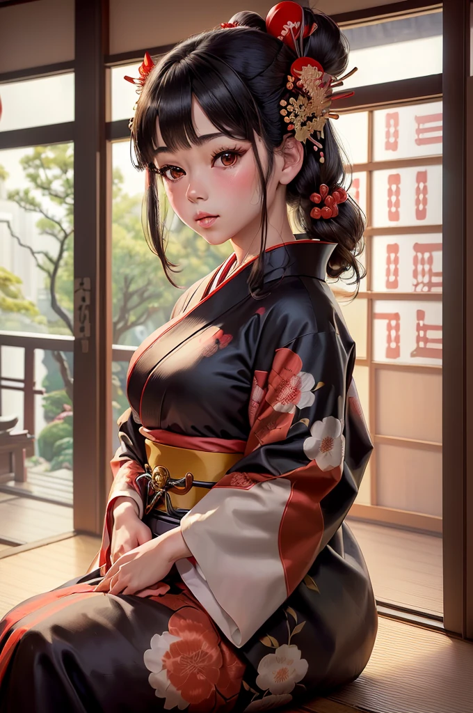 ((the girl wearing a nice traditional kimono sitting in a temple, 1girl, solo, japanese clothes, kimono, sitting, indoors, tabi, looking at viewer, holding, hair ornament, brown eyes, blush, black hair, sash, parted lips, breasts, red kimono, sliding doors