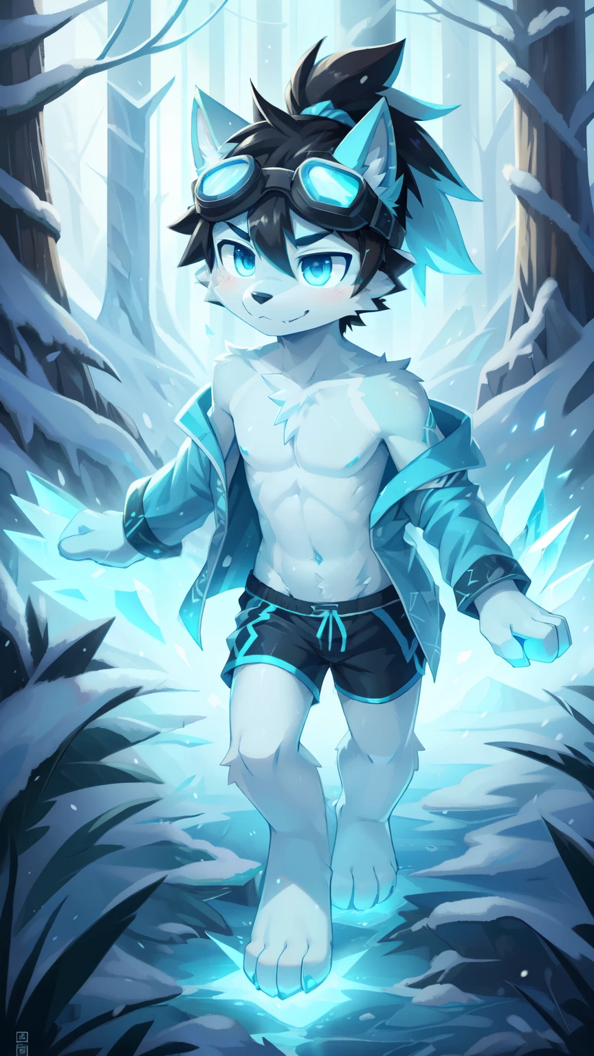 score_9,score_8_up,score_7_up, source_cartoon, source_furry, Furry shota, wolf, black hair, long spiky ponytail, blue eyes, detailed body fur, ((goggles, blue hawaiian shirt, open clothes, one shoulder off, black swim trunks)), looking at another, fangs, clear grey body fur, detailed face, big eyebrows, detailed eyes, detailed body, detailed body fur, detailed hands, glistering body, shiny body, skinny, full body, feets with three toes, 3 toes, solo, ice forest, snow rain, :3, glowing blue eyes, from above, motion blur, standing, sexy, ice magic, ice magic aura,