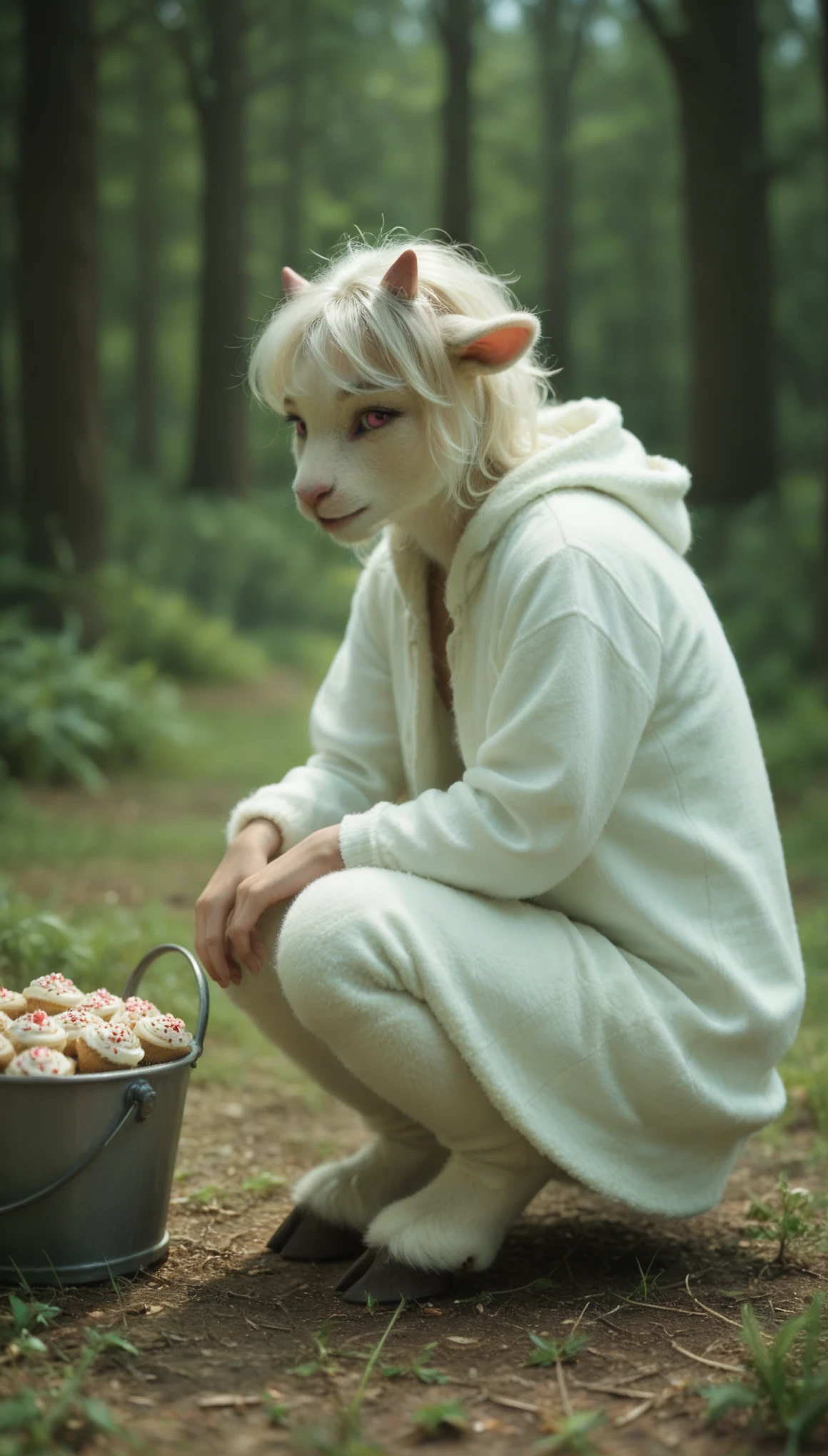 (zPDXL2), score_9, score_8_up, score_7_up, source_anime, 2d,  
[S=" cute, slim, female, red ridding hood, white sheep,, lamb, anthro, pink eyes, white wool, sensual,, half- closed eyes, digitigrade sheep pink hooves, hands on the ground, white jacket made of wool"]. S is sitting on the knees down on the grassfloor, in the forest, next to a picnic vimini's bucket full of cupcakes, in the forest scenario, superb linework,  masterpiece, breathtaking, trending on artstation, high quality, fine illustration, good accuracy, by wlop, by pixelsketcher,  by hioshiru, vivid eyes, 
,AissistXLv2, unaestheticXL_bp5, SimplePositiveXLv2, zPDXL2 PonyXLV6_Scores