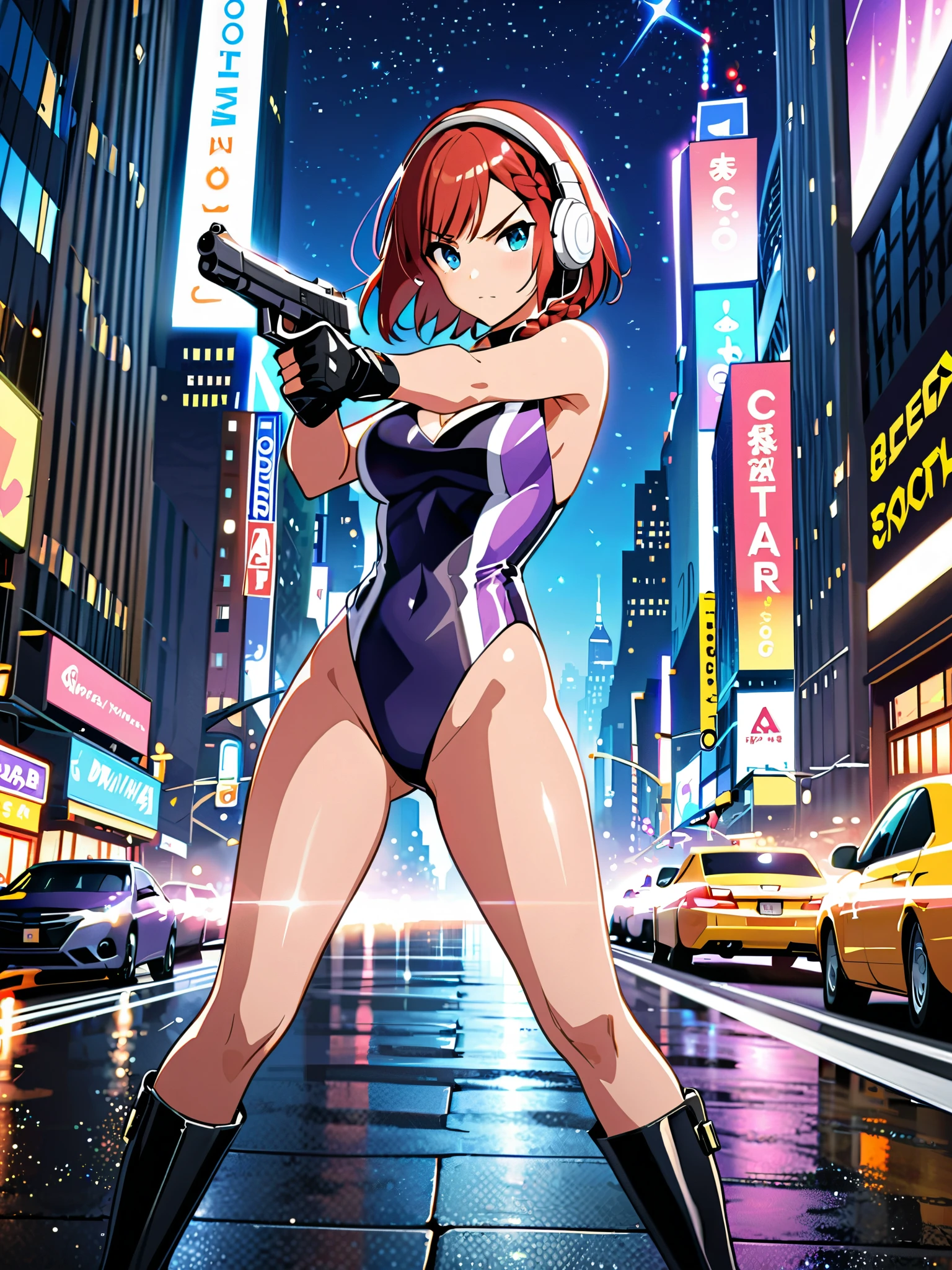 Masterpiece, Best Quality, High Resolution, Brown Hair, Bangs, Short Hair, Bangs, Braid, Aqua Eyes, V-shaped eyebrows, Headphones, perfect anatomy, cowboy shot, Purple and white leotard, thigh-high boots, matching boots, fingerless gloves, bare legs, dynamic action pose, holding weapon, pistol, Beretta 92, New York backdrop, nighttime, outdoors, Diffraction Spikes, light particles, 1girl, Solo, Hair Between Eyes, Red Hair Bow, Anatomically Correct, Anime Style.