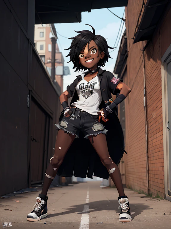 1 beautiful extremely skimpily dressed shameless black young hooligan girl with no complexes with an ideal figure, in a littered dark alley, punk style, gangster pose with a baseball bat in hand, evil grin, very black skin, expressive realistic eyes, very beautiful correct face, realistic hair, standing pose with legs wide apart, amazing character.