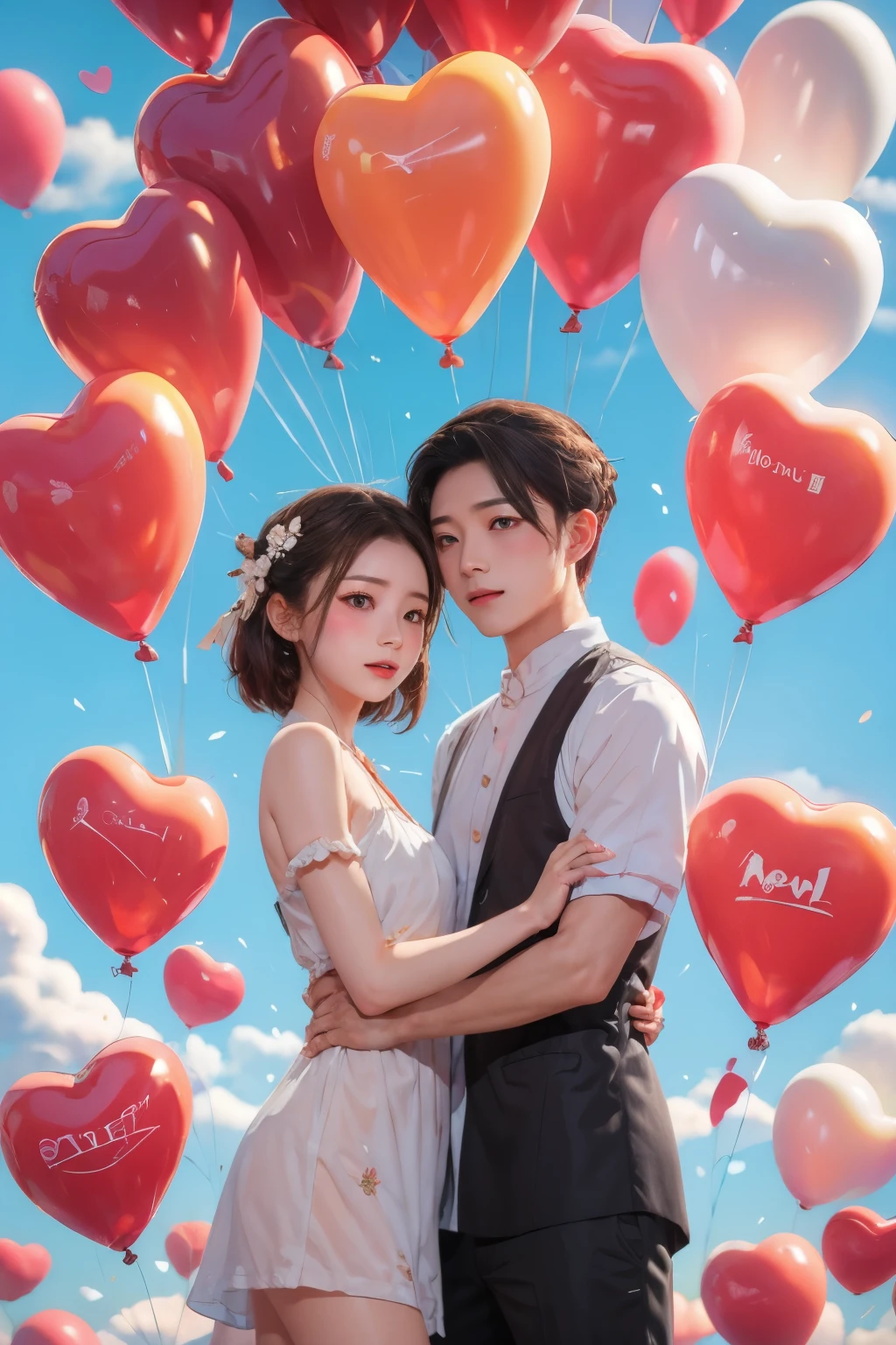 1 boy and 1 girl,couple,heart,hands duo,flower,clouds,bubbles,rose flower,balloons,clouds,sky,legwear，Hanfu，