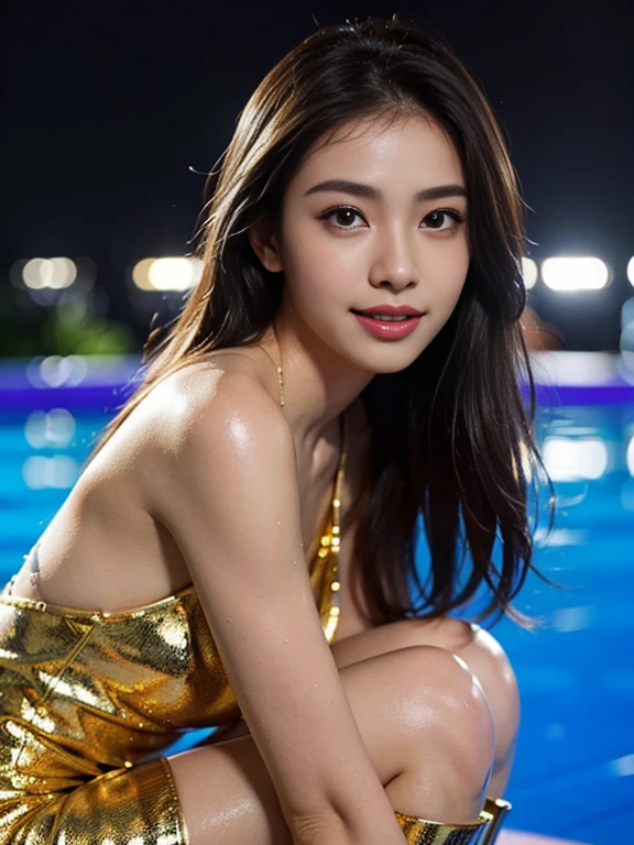 Latex bodysuit、Knee-high boots、Huge 、Long brown hair、Shiny, Oily skin、Glowing Skin、Indoor competition pool、White skin、 Body Portrait, 8k, Narrow and beautiful eyes, Dindal effect, masterpiece, 最high quality, high quality, High resolution, Very detailed photos, (Natural skin texture, Fine skin, Hyperrealism, Ultra Sharpness) , Skin with attention to detail, (Very fine, Fine skin texture, Intricate details, Beautiful Face, (A vivid face), Realistic eyes, Beautiful and detailed, Realistic Skin, Beautiful Skin, surreal, Very detailed, Golden Ratio, Smiling Eyes, ((Night moonlight background)), Body Portrait, glamorous, Shiny Bodysuit