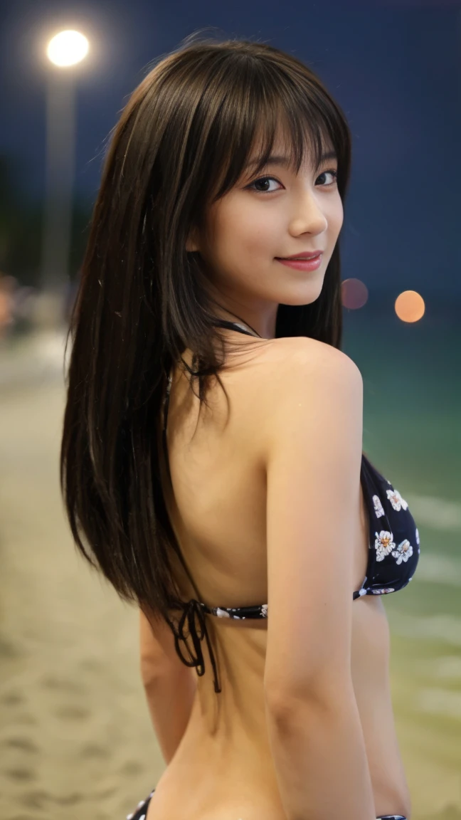 ((from below:1.5)), ((whole body:1.5)), (ultra detailed), (masterpiece), (best quality), Highest quality, Realistic, Surreal, Highest quality, Extremely detailed CG, Very delicate, 16K wallpaper, High resolution, 1 Girl, 43歳の日本people女性, (small eyes:1.5), ((Thin lips)), ((Two very small moles on my right cheek:1.5)), (Skin dents), Medium Chest, BREAK (Beach at night:1.5), people々, (Beautiful straight medium length hair:1.5), (bangs:1.5), (stylish floral bikini:1.5), (I wore it:0.8), Nice, bloom, Floating Hair, (Dynamic pose:0.6), BREAK ((in the night:1.5)), Beautiful night sky, (Shy Smile:1.2), Thin lips, slim, (Highly detailed face), (Highly detailed facial expressions), (Face the front completely:1.5), ((Looking into the camera:1.5)), Slender body, Large file size,