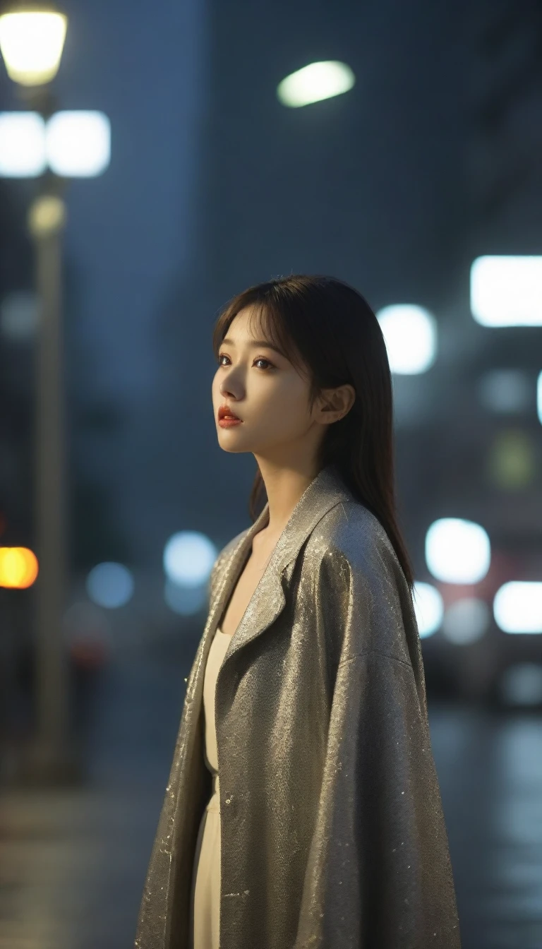 8K, Ultra-high resolution, best quality, masterpiece, Surrealism, photo,Three-Part Approach, 1 girl, (:1.3), pretty girl, Cute face, Beautiful eyes in every detail,(best quality,masterpiece:1.3,In 8K),(Practical:1.4,RAW Shooting,Caustics),of the night city,(heavy rain:1.2),Street Lights,(Street Lightsの光を反射して白く輝く雨粒:1.2),(The woman looked up at the sky),Zhongfa,Sad expression,long coat,Chest shooting,((Thin legs))、A bold gesture,Super cute supermodel、Look closely at the camera,鮮明なdetailed、detailed、Surrealism、Light and Shadow,glare,Fashion magazine cover,Thin lips