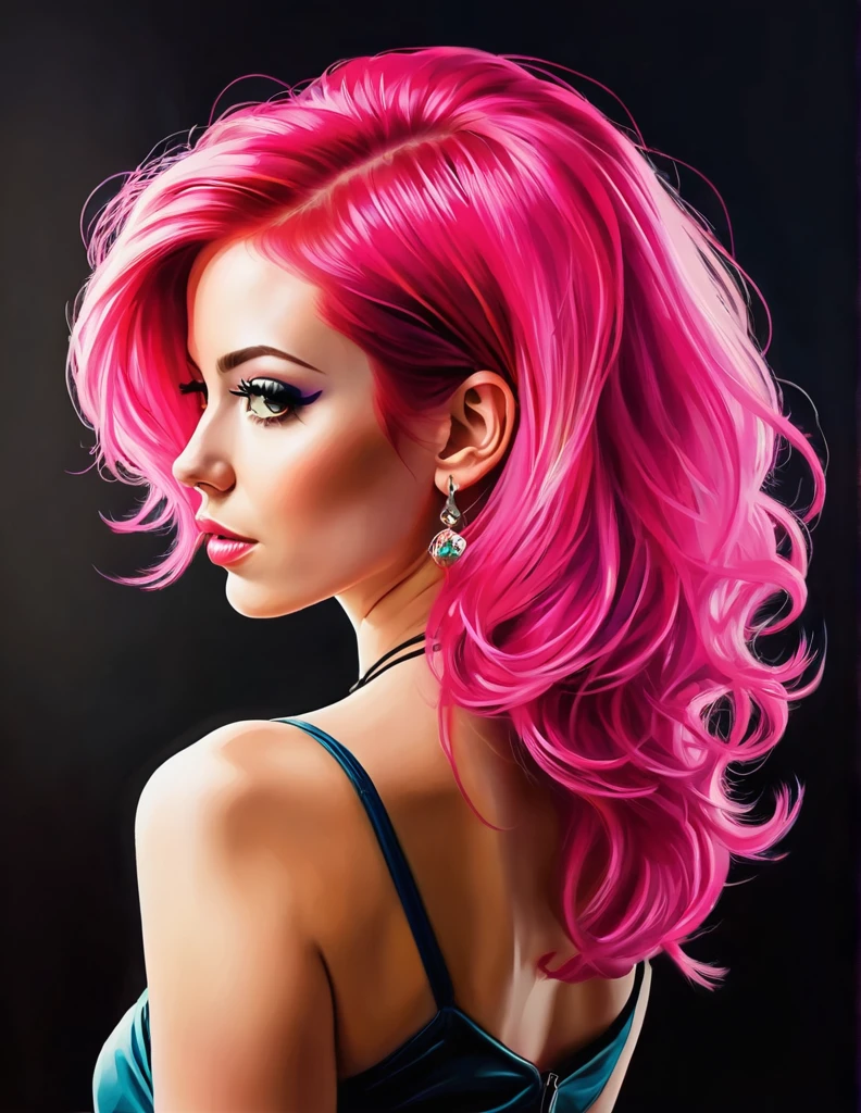 Vector art, a very attractive 25 year old woman with bright pink hair from behind by monsieur z
