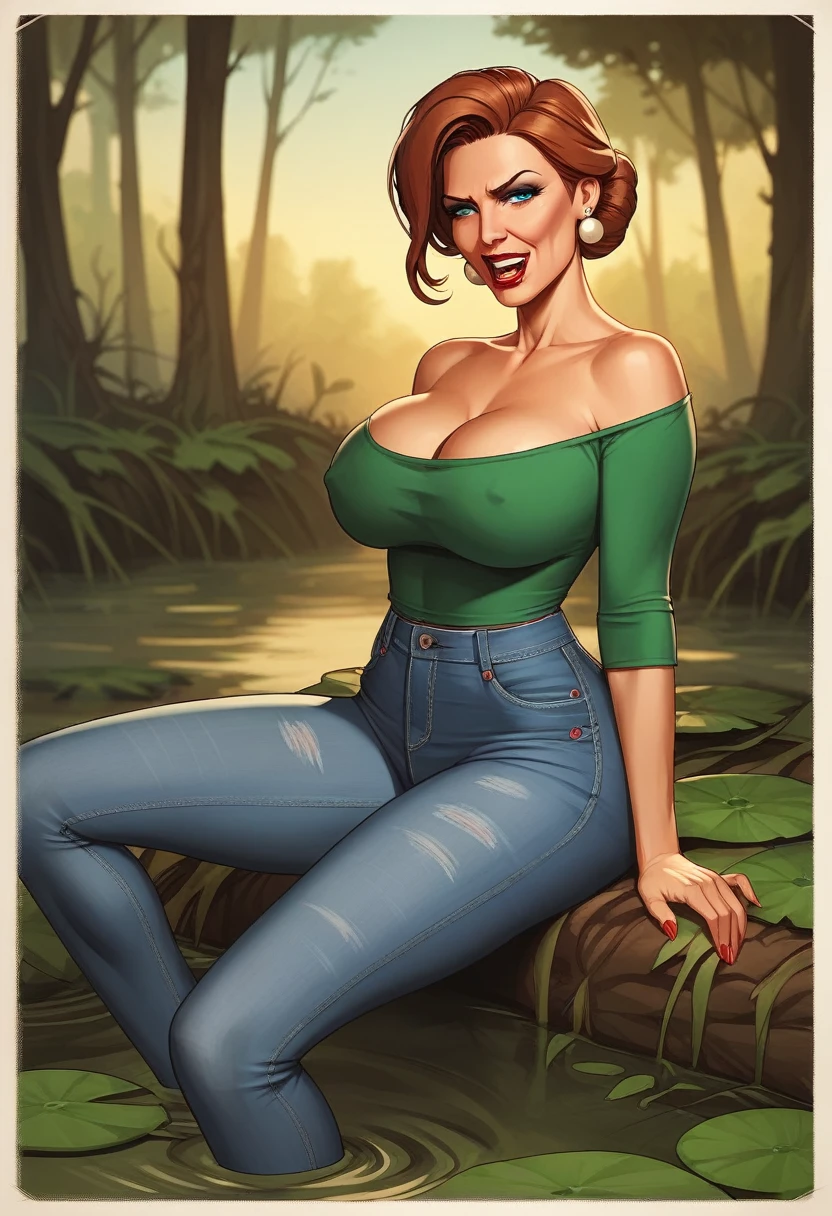 (poster vector:1.2), Mature amateur Woman,wrinkles,jeans skirt,stockings with garters, ( drowning in a swamp:1.2),posing, red lips, memorable composition, attraction-grabbing, conceptual