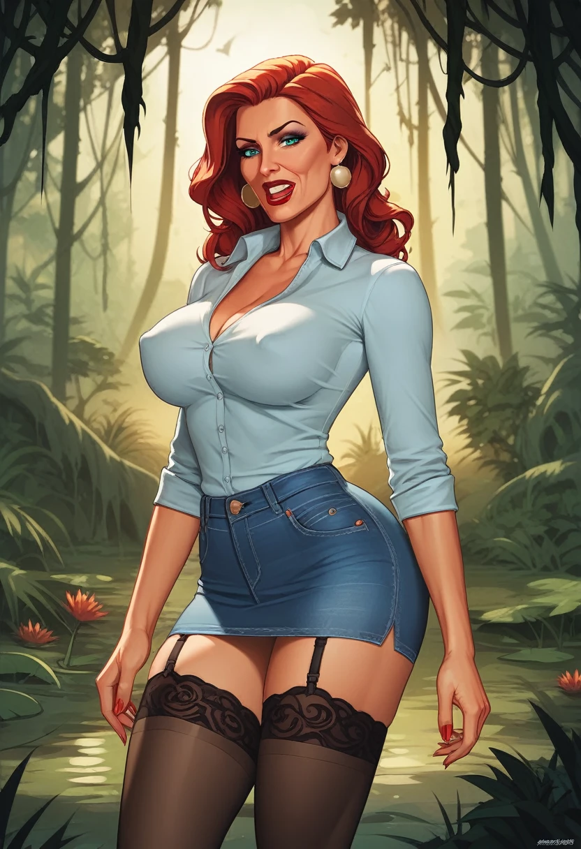 (poster vector:1.2), Mature amateur Woman,wrinkles,jeans skirt,stockings with garters, ( drowning in a swamp:1.2),posing, red lips, memorable composition, attraction-grabbing, conceptual
