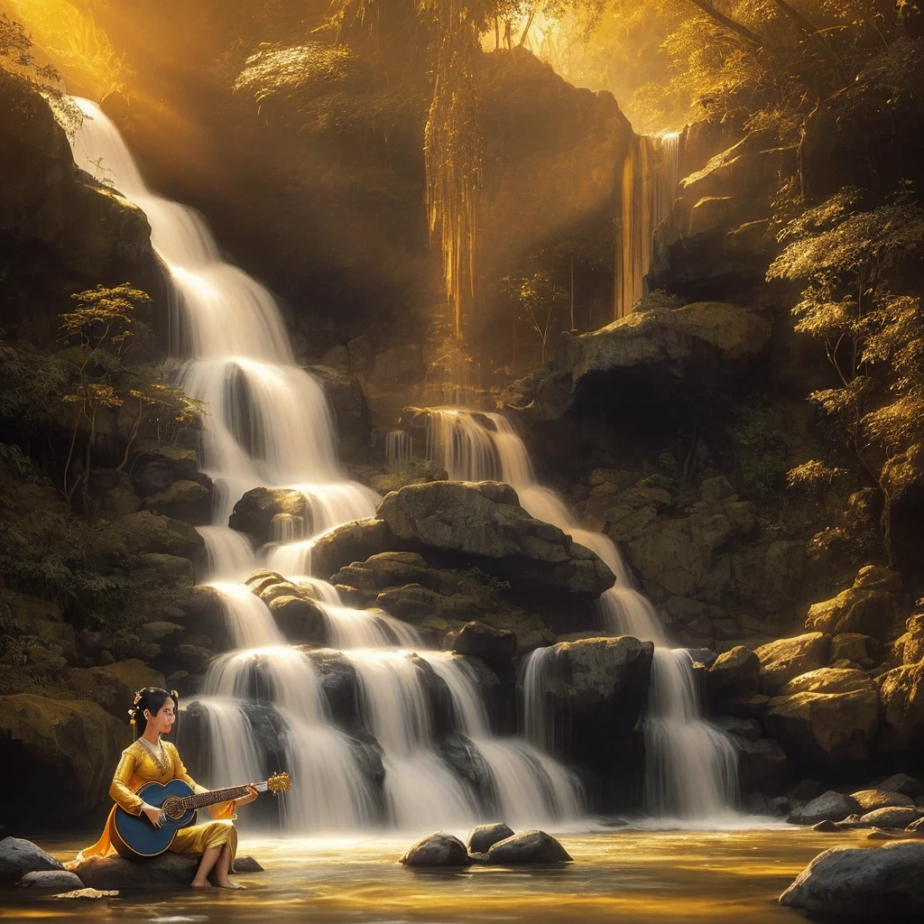 A beautiful woman dressed in traditional Thai attire from classical literature, playing a guitar on a rock by a waterfall. The scene is illuminated by the soft, golden sunlight, creating a serene and enchanting atmosphere.