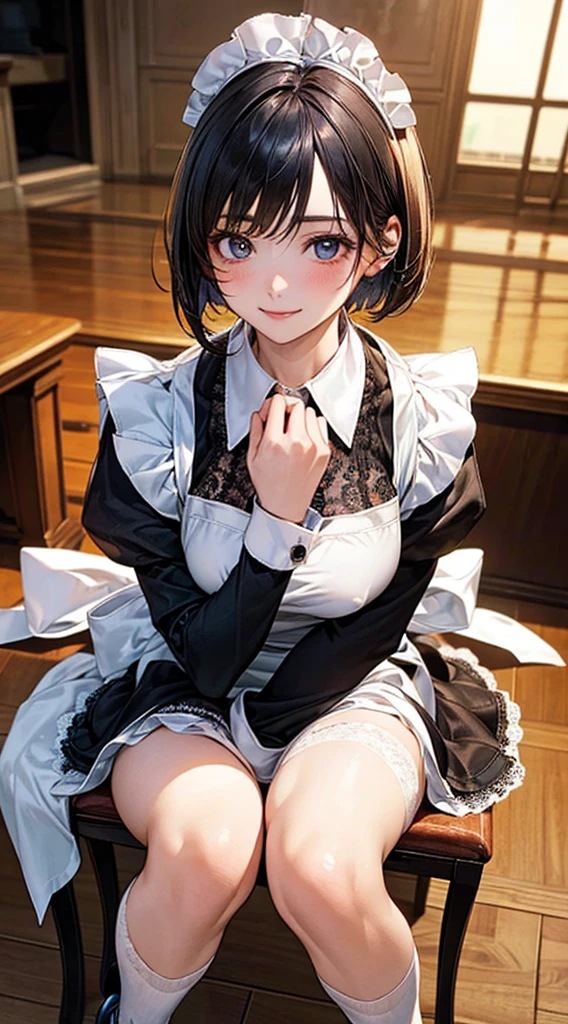 Playing the guitar、(masterpiece:1.2, Highest quality), (Realistic, photoRealistic:1.4), Beautiful illustrations, (Natural Side Lighting, Cinema Lighting),
View your viewers, Cowboy Shot, Front view:0.6, 1 girl, Day本語, Maid, Perfect Face, Cute and symmetrical face, Glowing Skin,
(short hair:1.2, Bobcut:1.2, Black Hair), Asymmetrical bangs, blue eyes, (Large Breasts:0.8, Thick thighs),
Beautiful Hair, Beautiful Face, Beautiful attention to detail, Beautiful clavicle, Beautiful body, Beautiful breasts, Beautiful thighs, Beautiful feet, Beautiful fingers,
(({Maid dress | Apron dress}, Maid headdress, Maid shoes, Short socks with lace)), White panties,
(Beautiful views), {Day|night}, {kitchen | dining room | living room}, Are standing, {Place your hand on your chest | Place your hands between your legs}, (Cute smile, Upward glance),