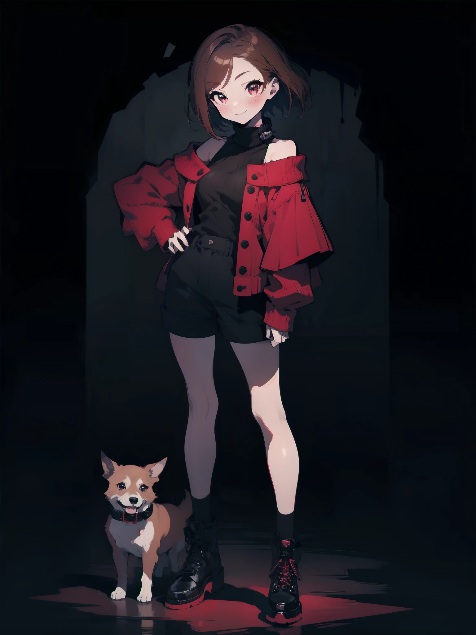 dark background，full body, standing,charaSF,smile, 1girl, solo, short hair, brown hair, red eyes, collar, black jacket, off shoulder, fur trim, red sweater, ribbed sweater, turtleneck, shoulder cutout, long sleeves, black shorts, blush sticker,dog collar,black shoes,bitdstyle monochrome,dark and red