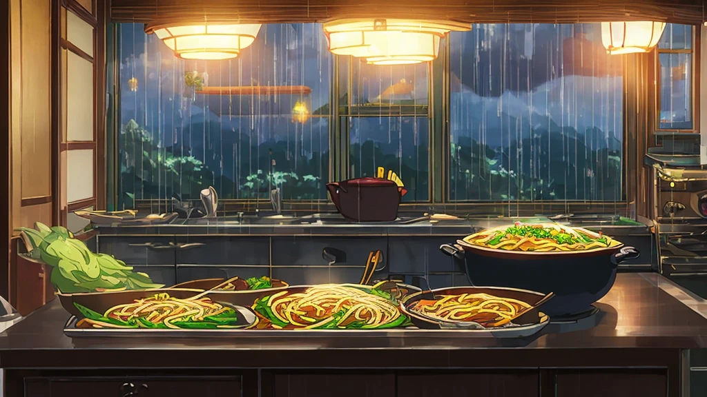 "A Japanese Anime Ghibli studio-style scene featuring a girl with short black hair, wearing a black dress, preparing Korean Ramen noodles in a cozy, aesthetic kitchen. The window reveals a picturesque view of the Japanese countryside, with rain gently falling outside at night