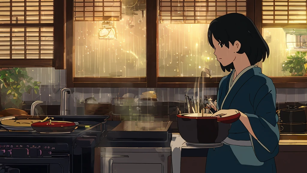 "A Japanese Anime Ghibli studio-style scene featuring a girl with short black hair, wearing a black dress, preparing Korean Ramen noodles in a cozy, aesthetic kitchen. The window reveals a picturesque view of the Japanese countryside, with rain gently falling outside at night