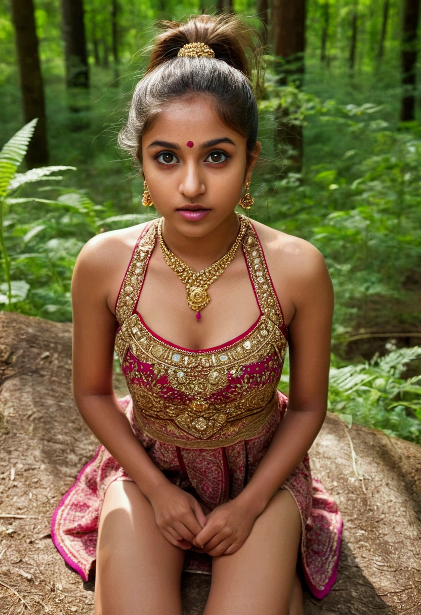 (From a straight above, birds-eye perspective), amateur, kneeling, [sexy], eye focus, photo (full body) (in the middle of a forest), attractive 22-year-old Indian girl, (beautiful face: 1.1), detailed light brown eyes, delicious Lucious lips, (eye makeup: 0.85), (medium breasts: 1.0), (firm body: 1.2), (log hair: 1.2), ponytail, sundress, high frequency details, funny, ornate, bright colors, playful, photographed on a camera phone, (highly detailed, intricately detailed)
